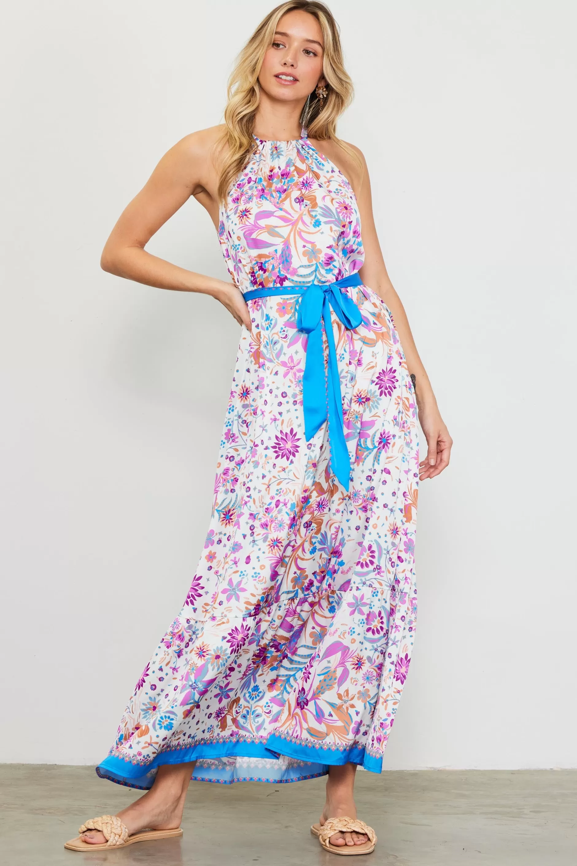 SKIES ARE BLUE Magnolia Border Print Halter Neck Maxi Dress