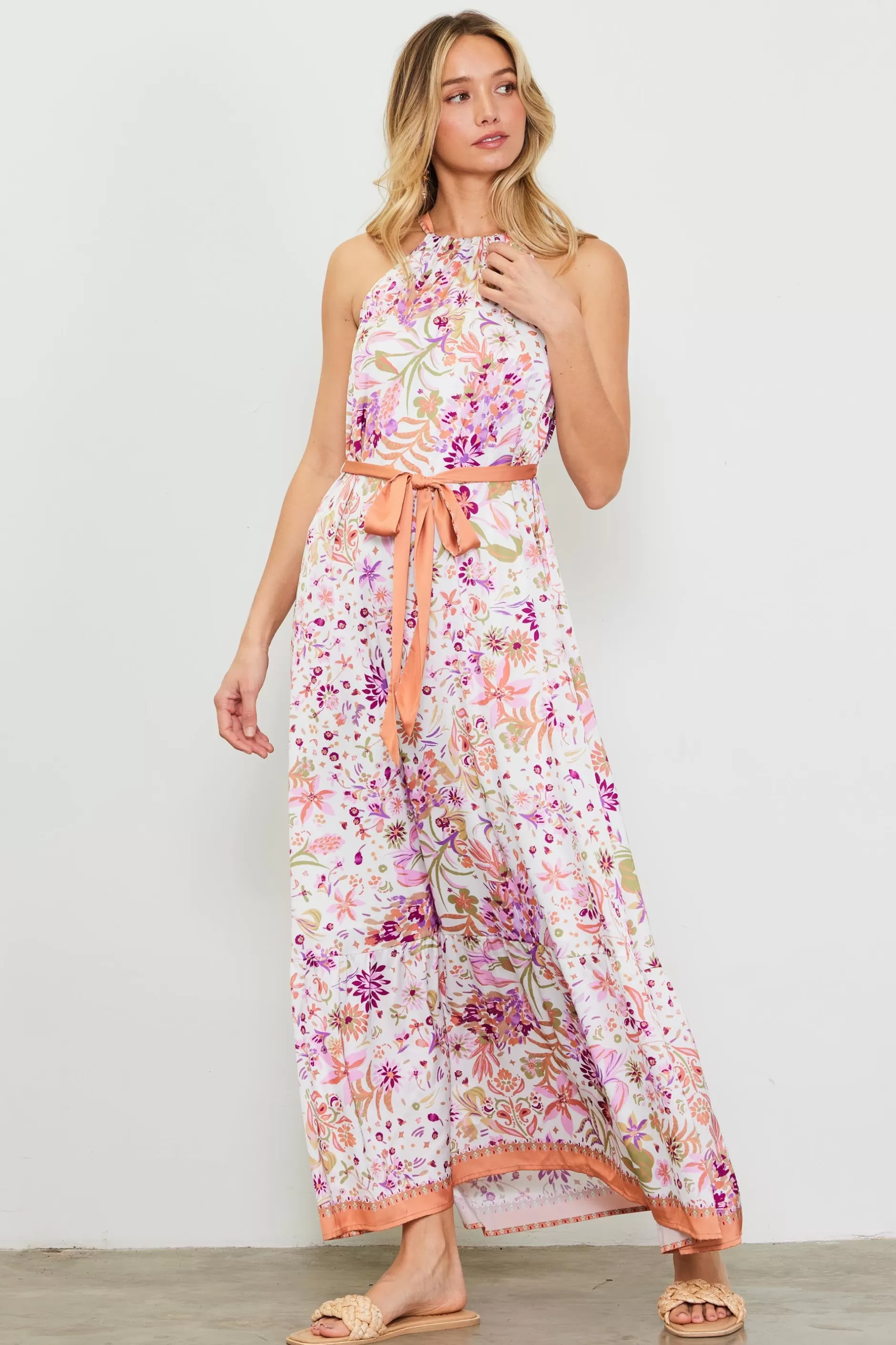 SKIES ARE BLUE Magnolia Border Print Halter Neck Maxi Dress