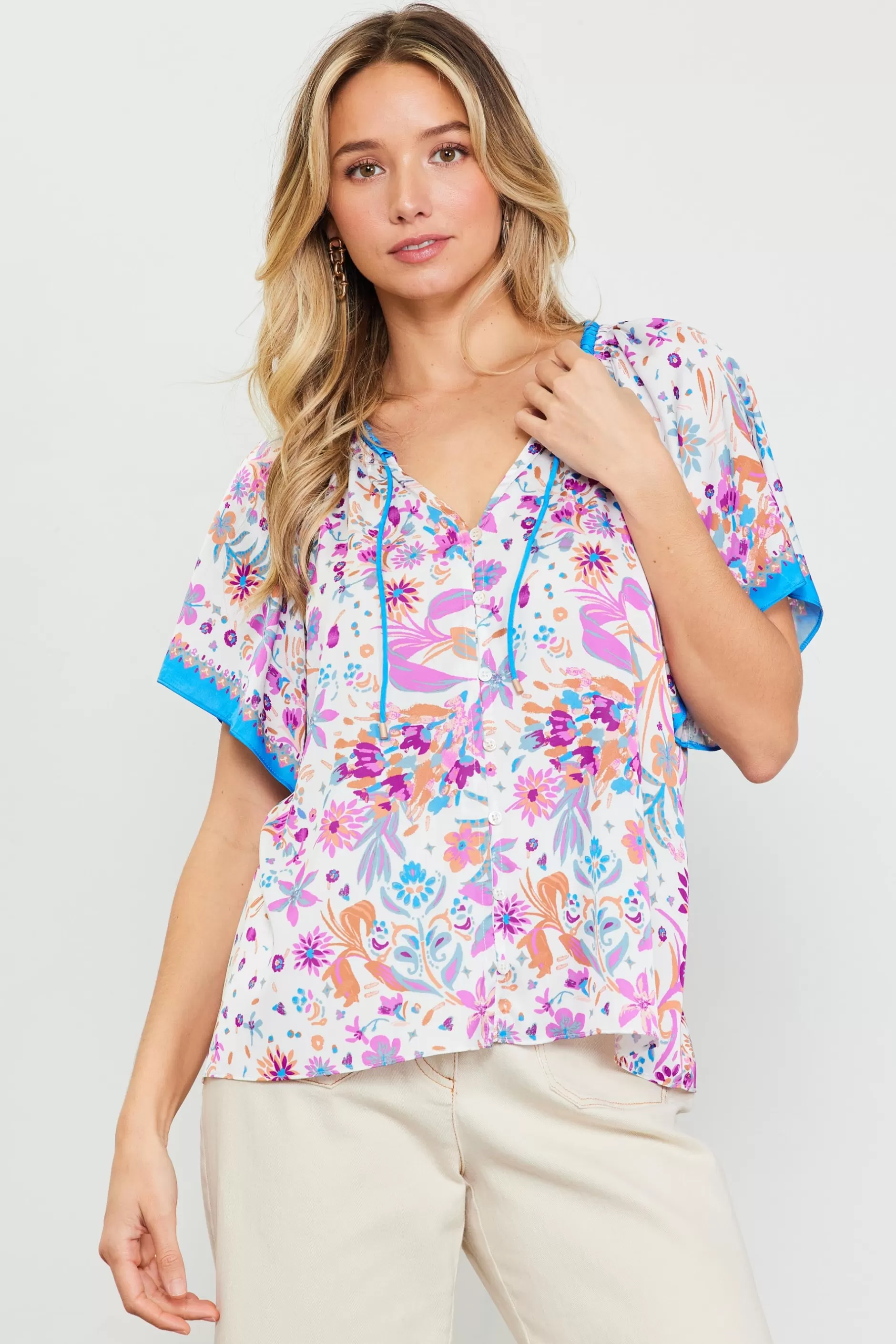 SKIES ARE BLUE Magnolia Border Print Short Sleeve Top