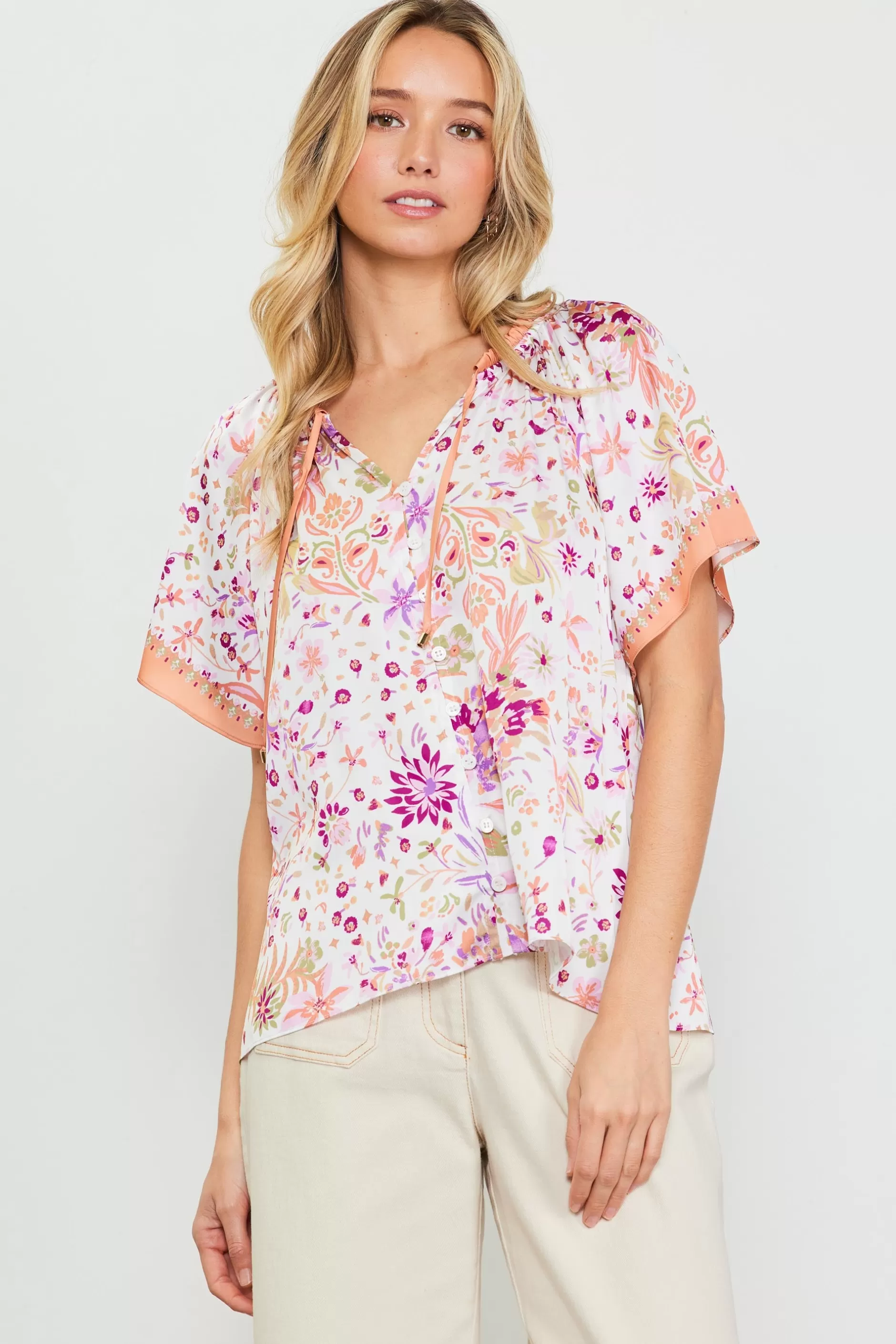 SKIES ARE BLUE Magnolia Border Print Short Sleeve Top