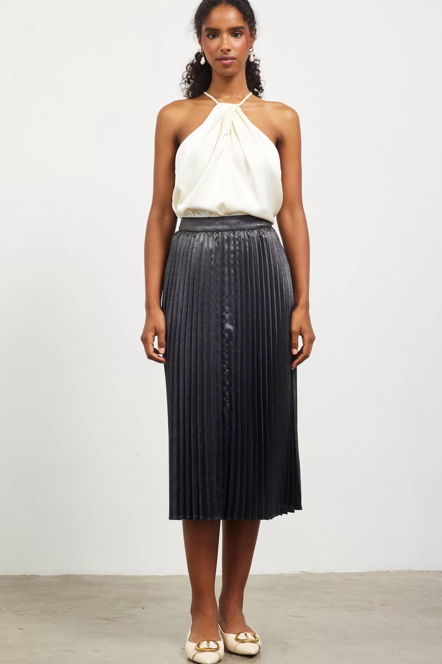 SKIES ARE BLUE Metallic Foil Pleated Midi Skirt