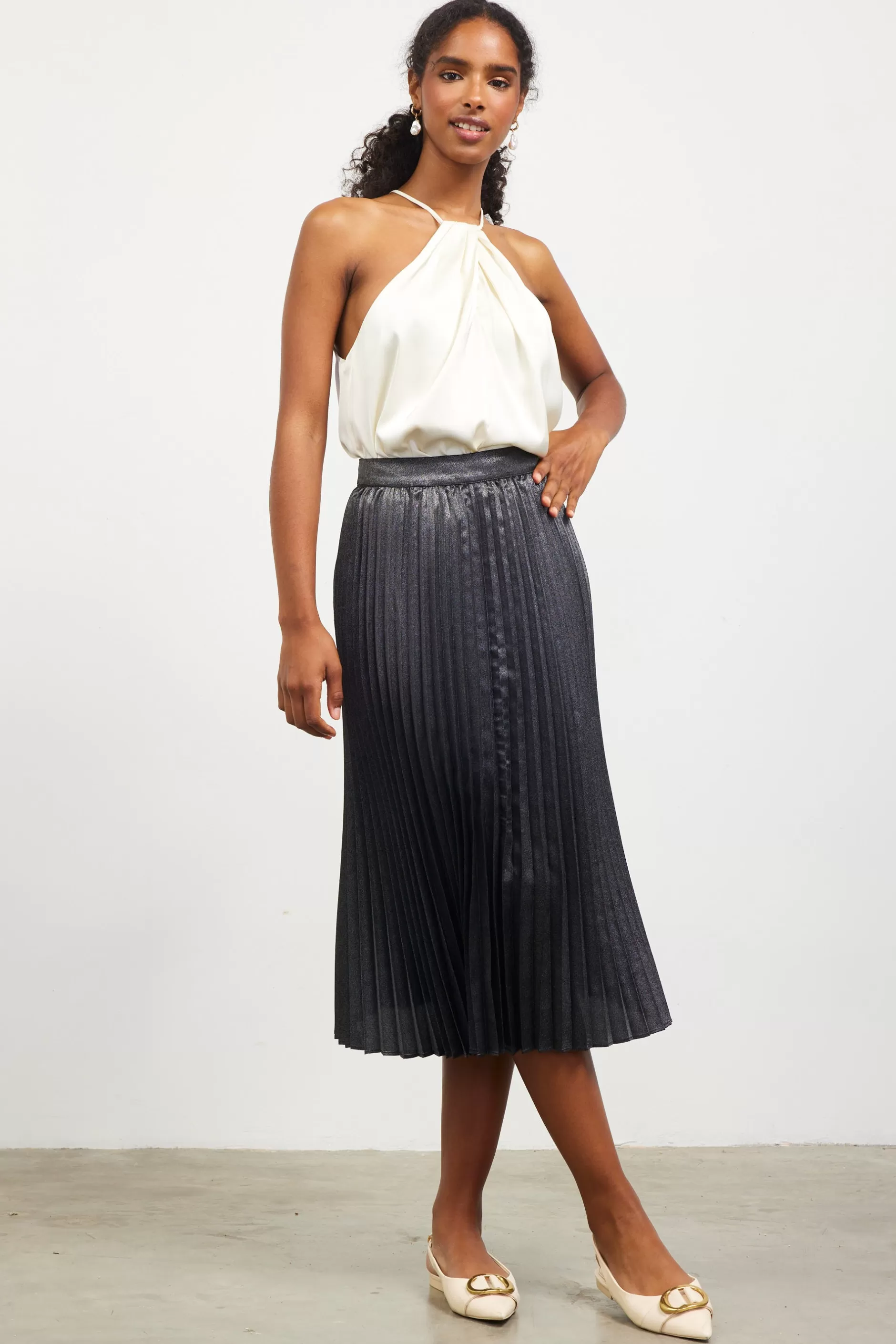 SKIES ARE BLUE Metallic Foil Pleated Midi Skirt