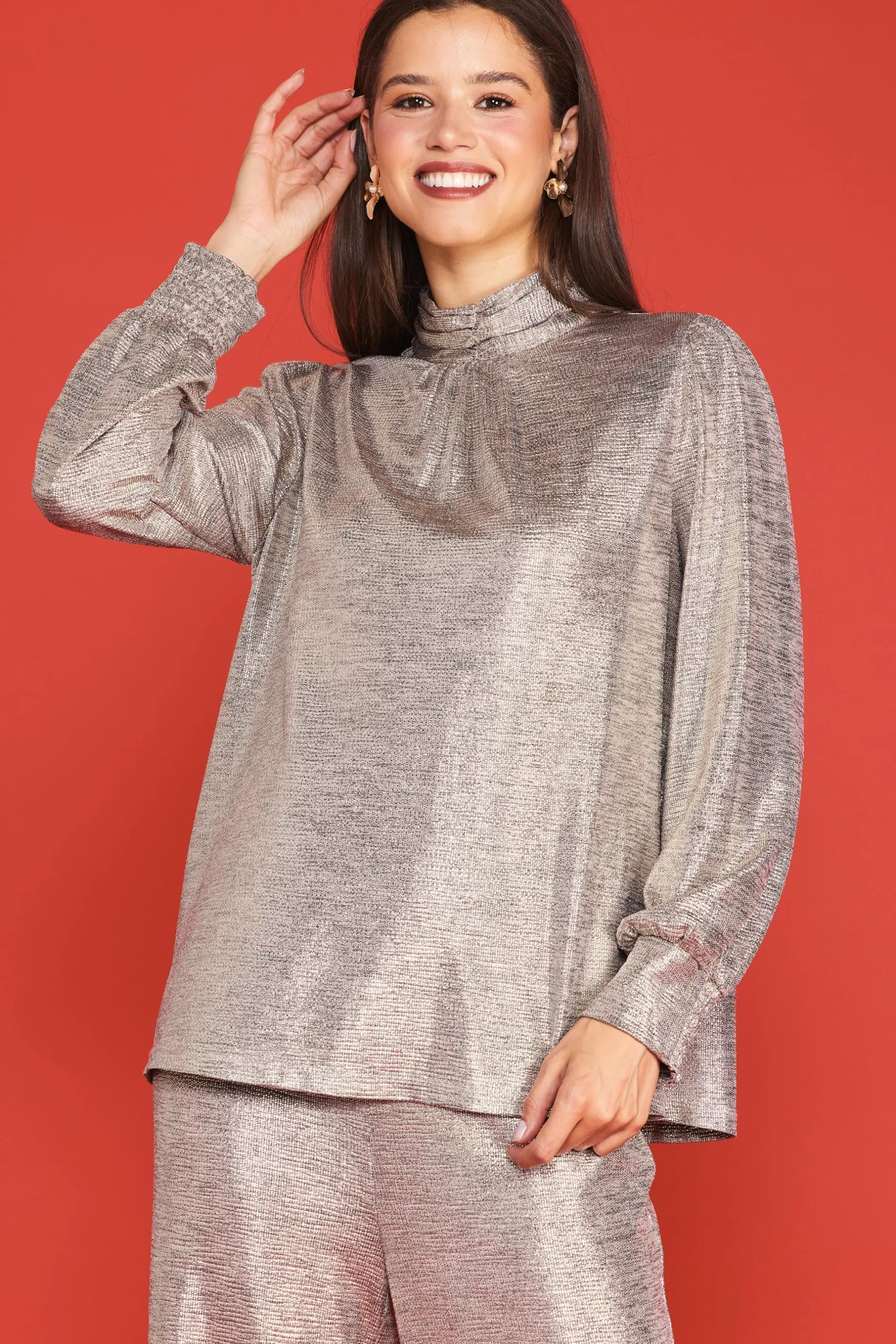 SKIES ARE BLUE Metallic Foil Print Mock Neck Top