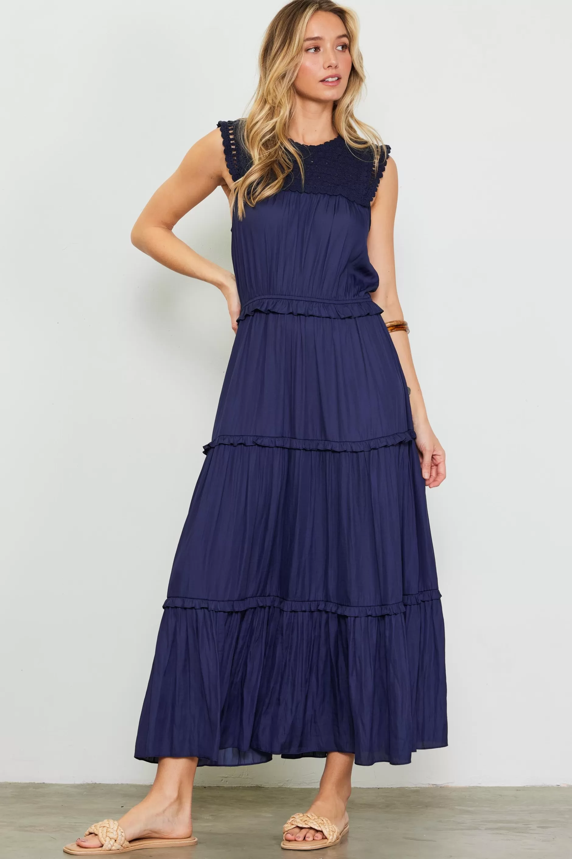 SKIES ARE BLUE Mixed Media Ruffled Tiered Midi Dress