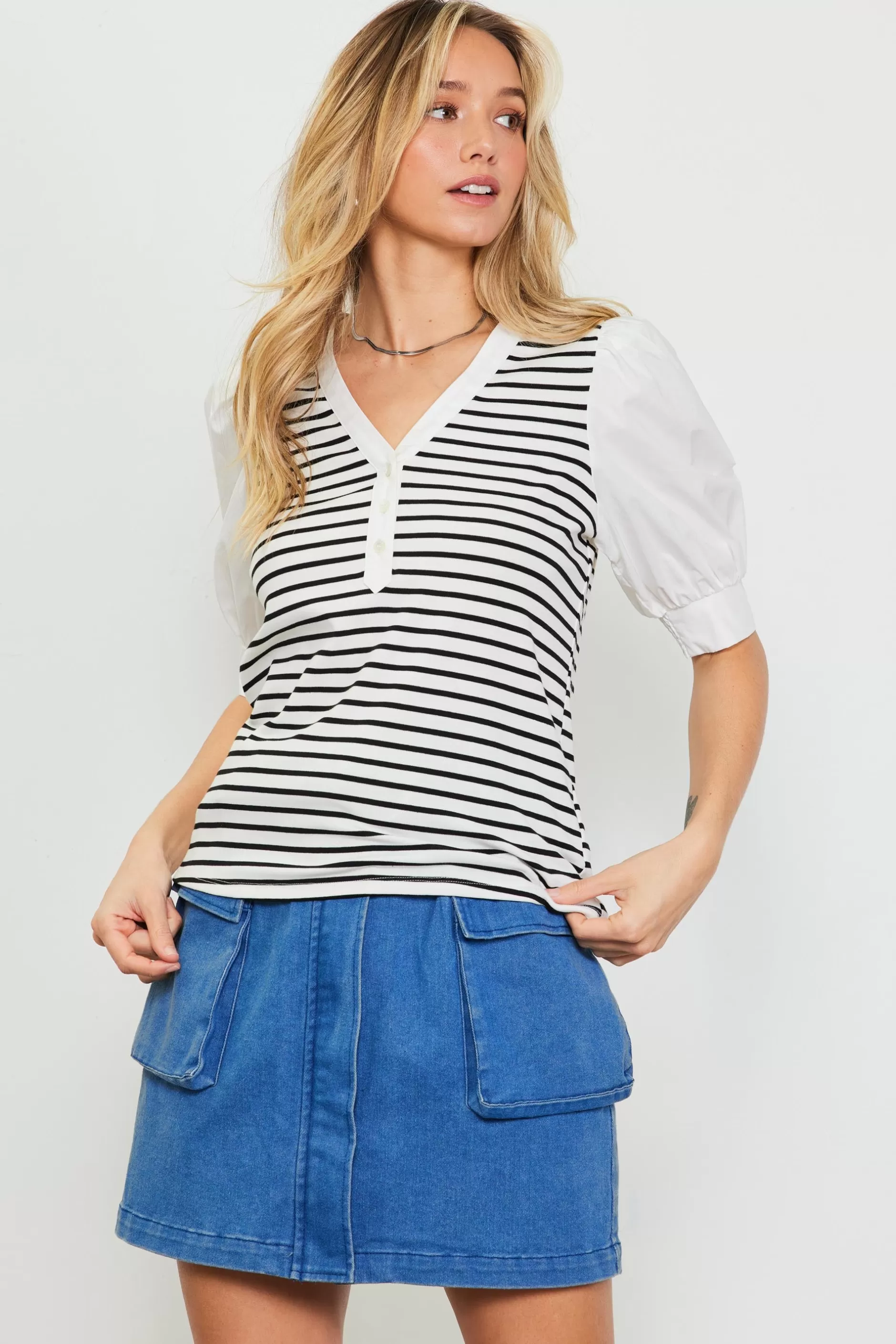 SKIES ARE BLUE Mixed Media Striped Puff Sleeve Top