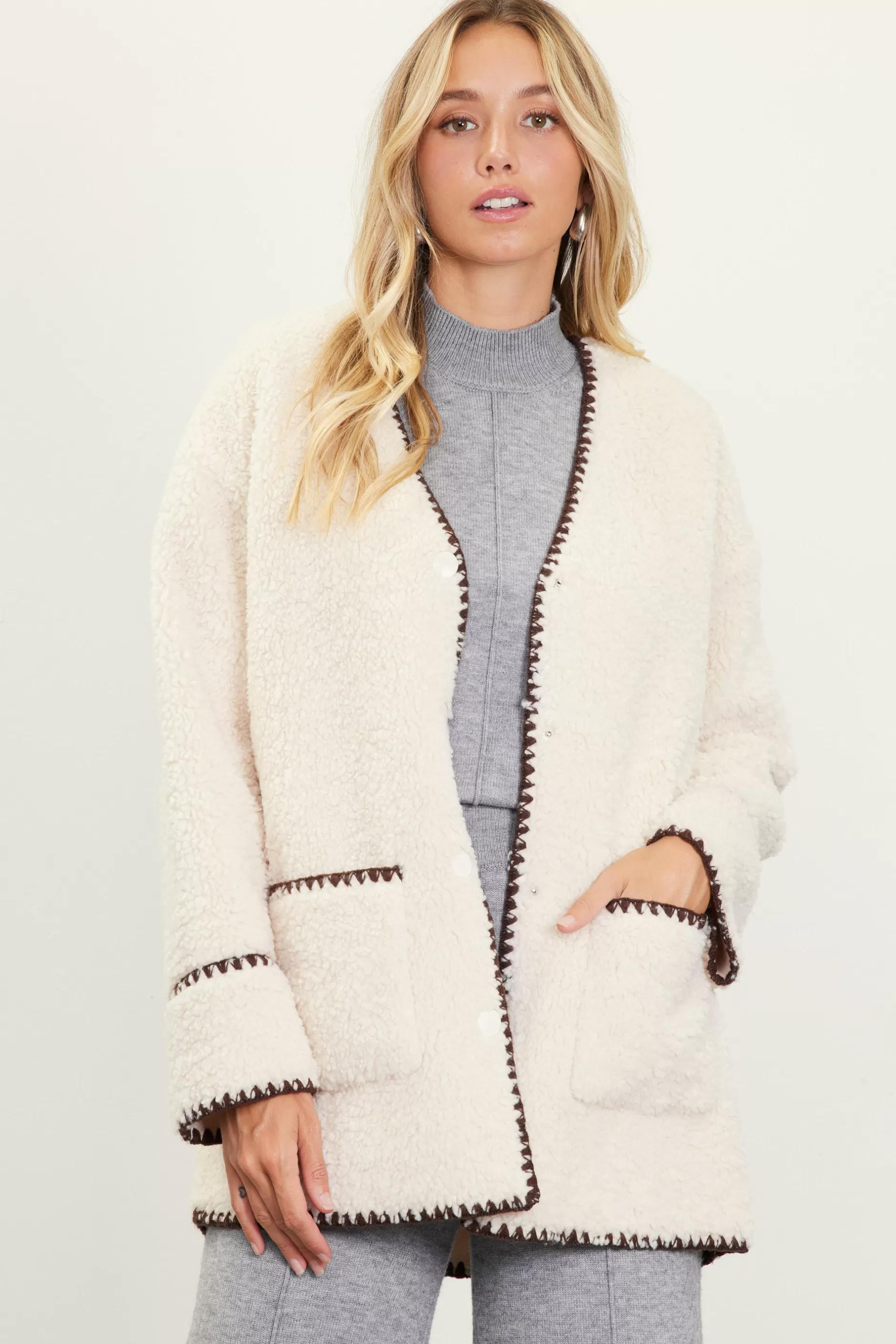 SKIES ARE BLUE Noelle Contrast Stitch Detail Sherpa Coat