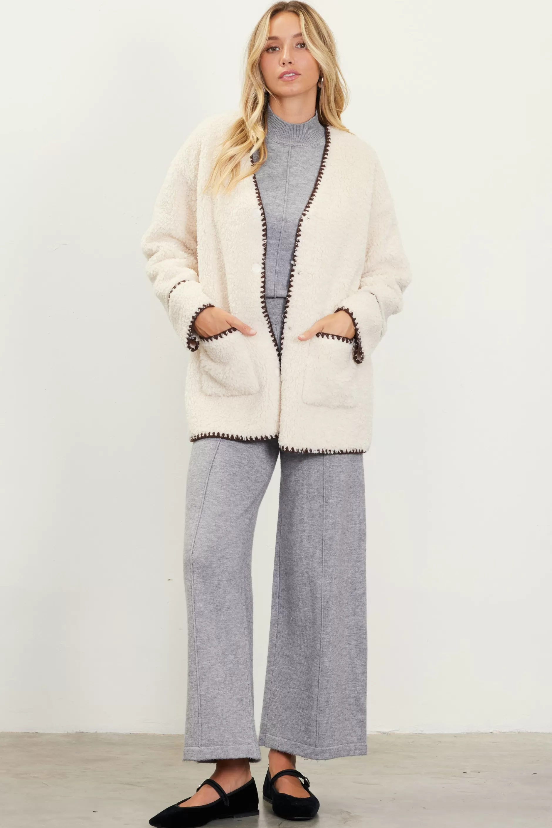 SKIES ARE BLUE Noelle Contrast Stitch Detail Sherpa Coat