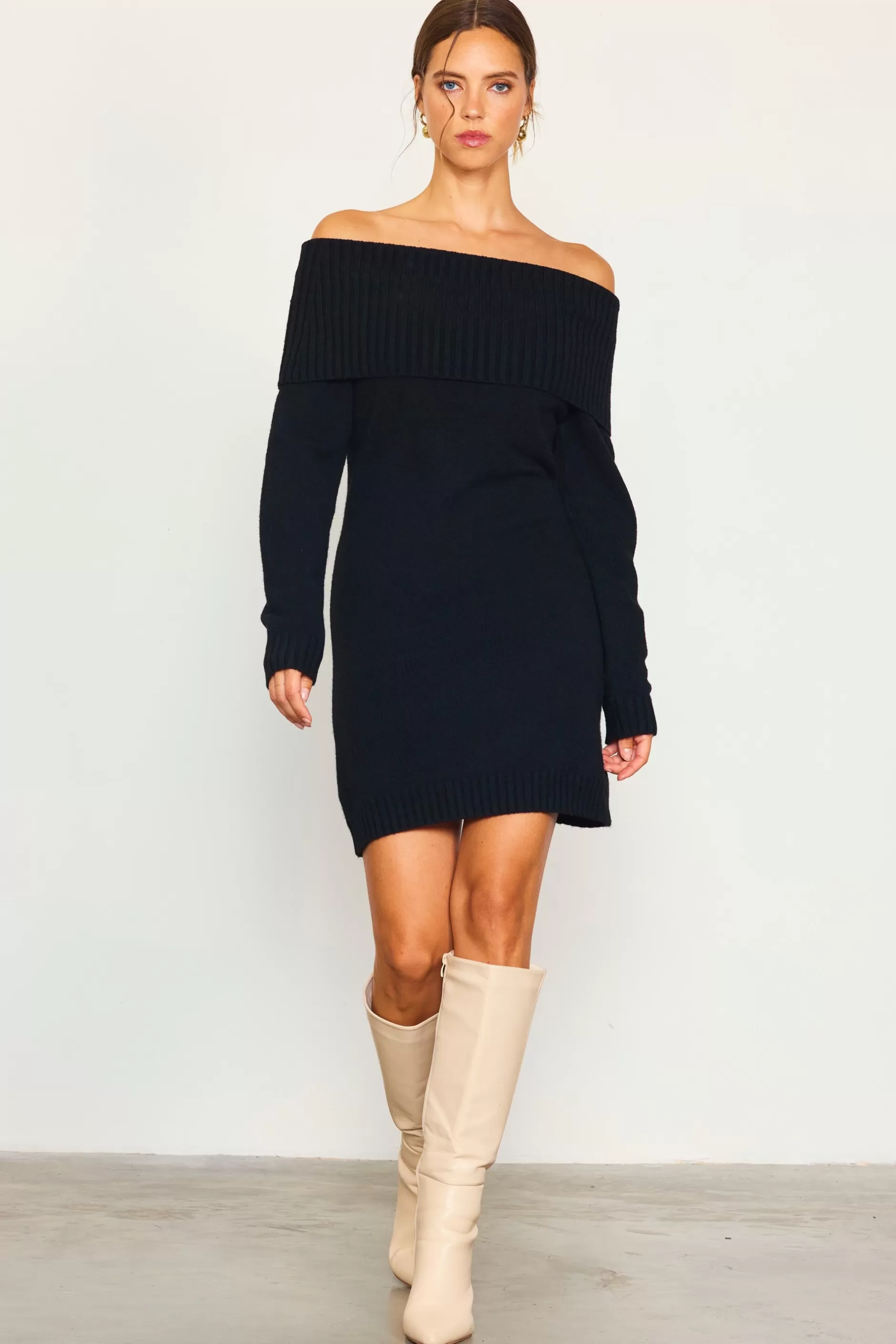 SKIES ARE BLUE Off Shoulder Mini Sweater Dress