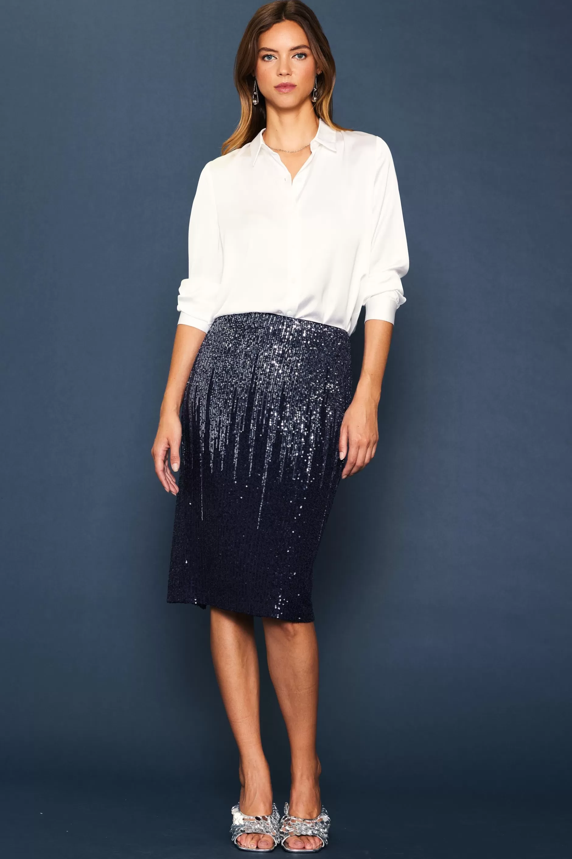 SKIES ARE BLUE Ombre Sequin Midi Skirt