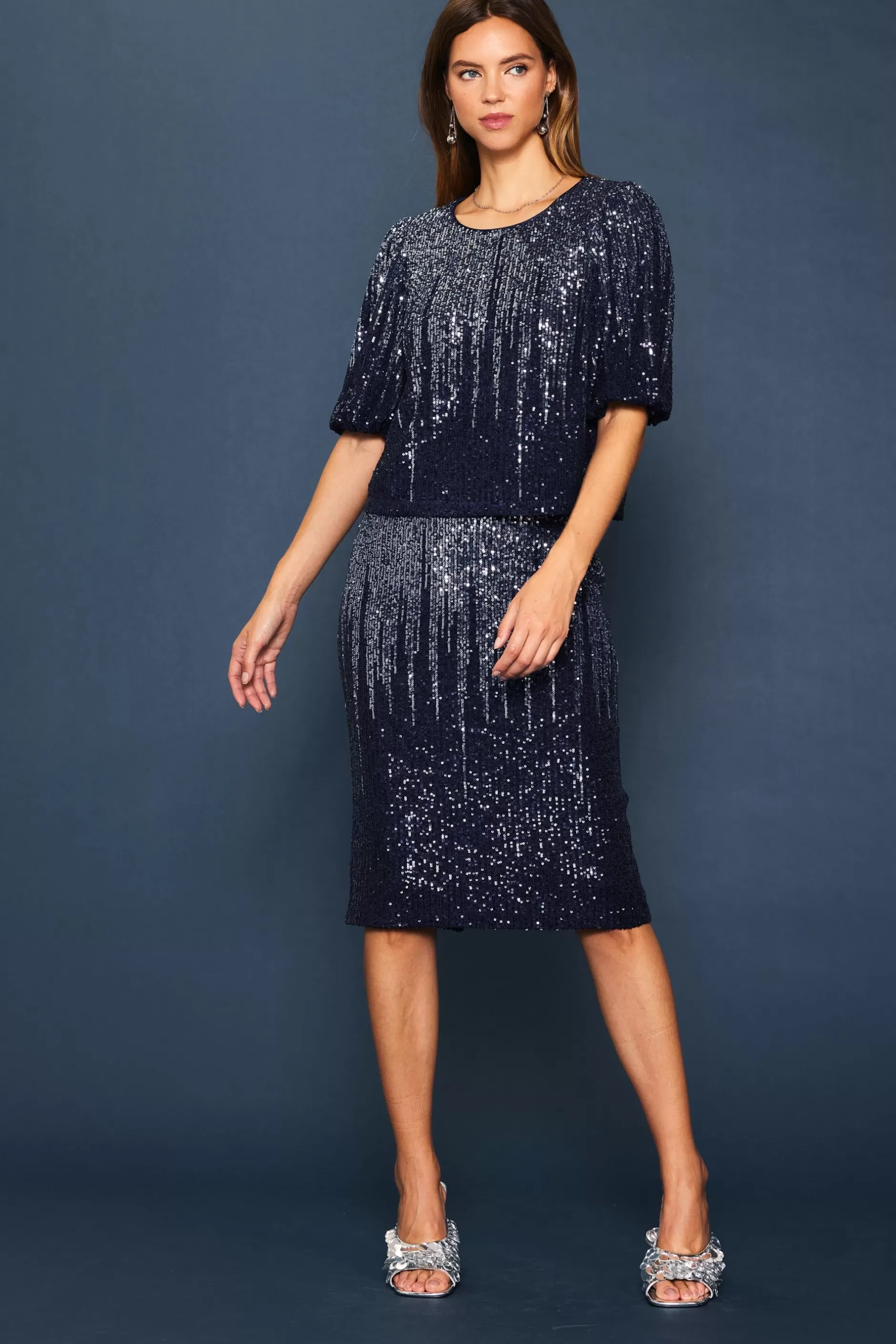 SKIES ARE BLUE Ombre Sequin Midi Skirt