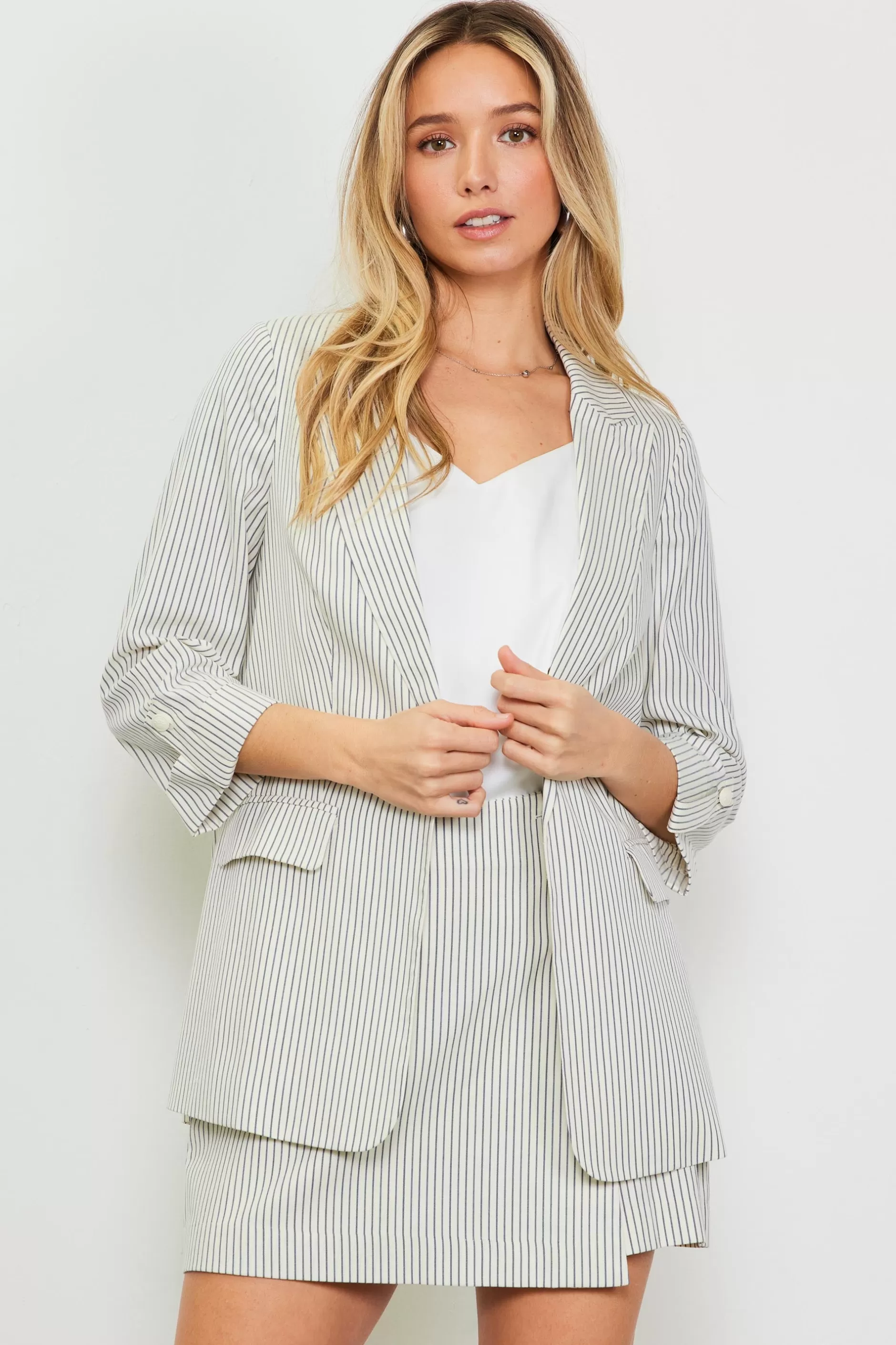 SKIES ARE BLUE Pinstriped Rolled Sleeve Blazer