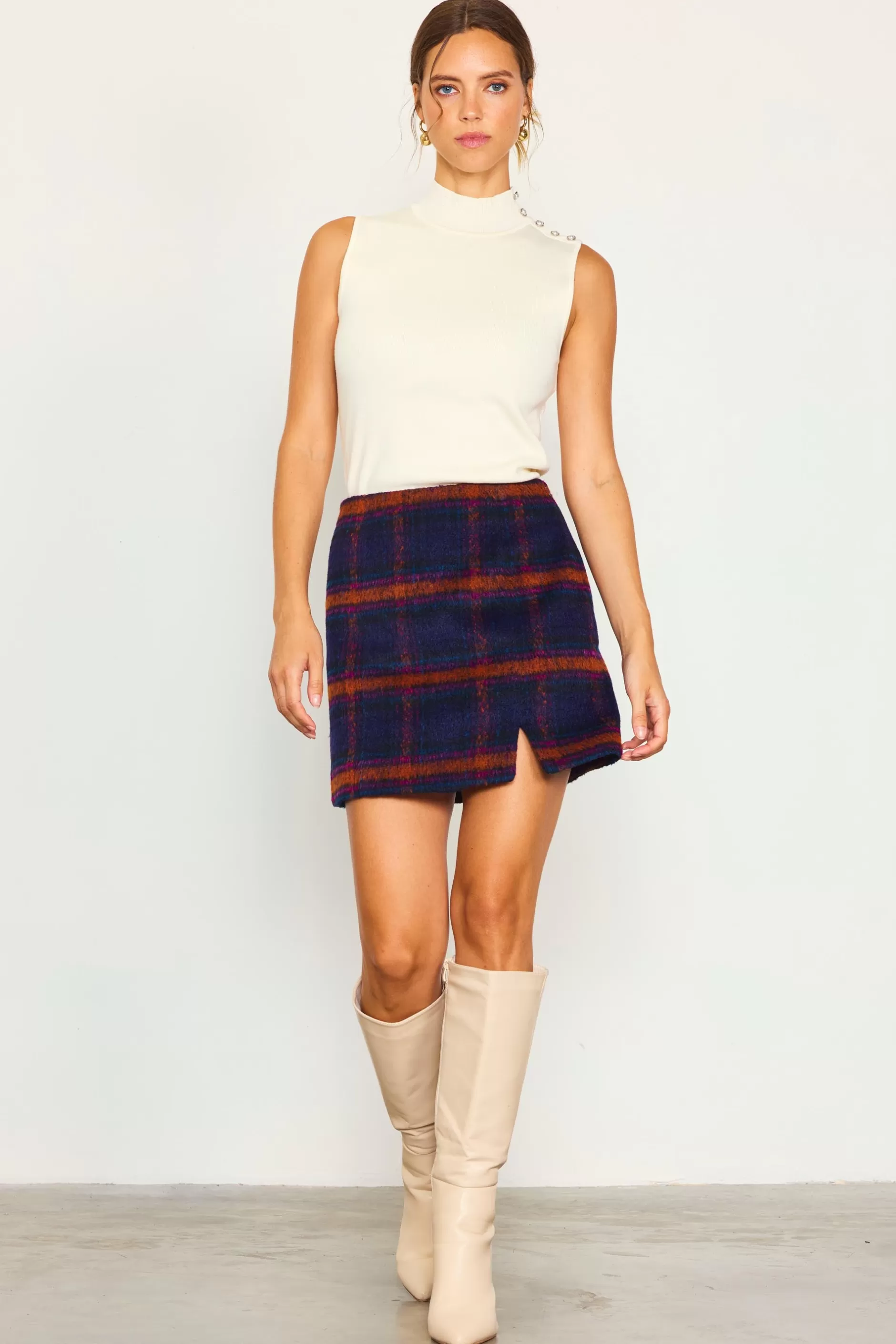 SKIES ARE BLUE Plaid Front Slit Mini Skirt