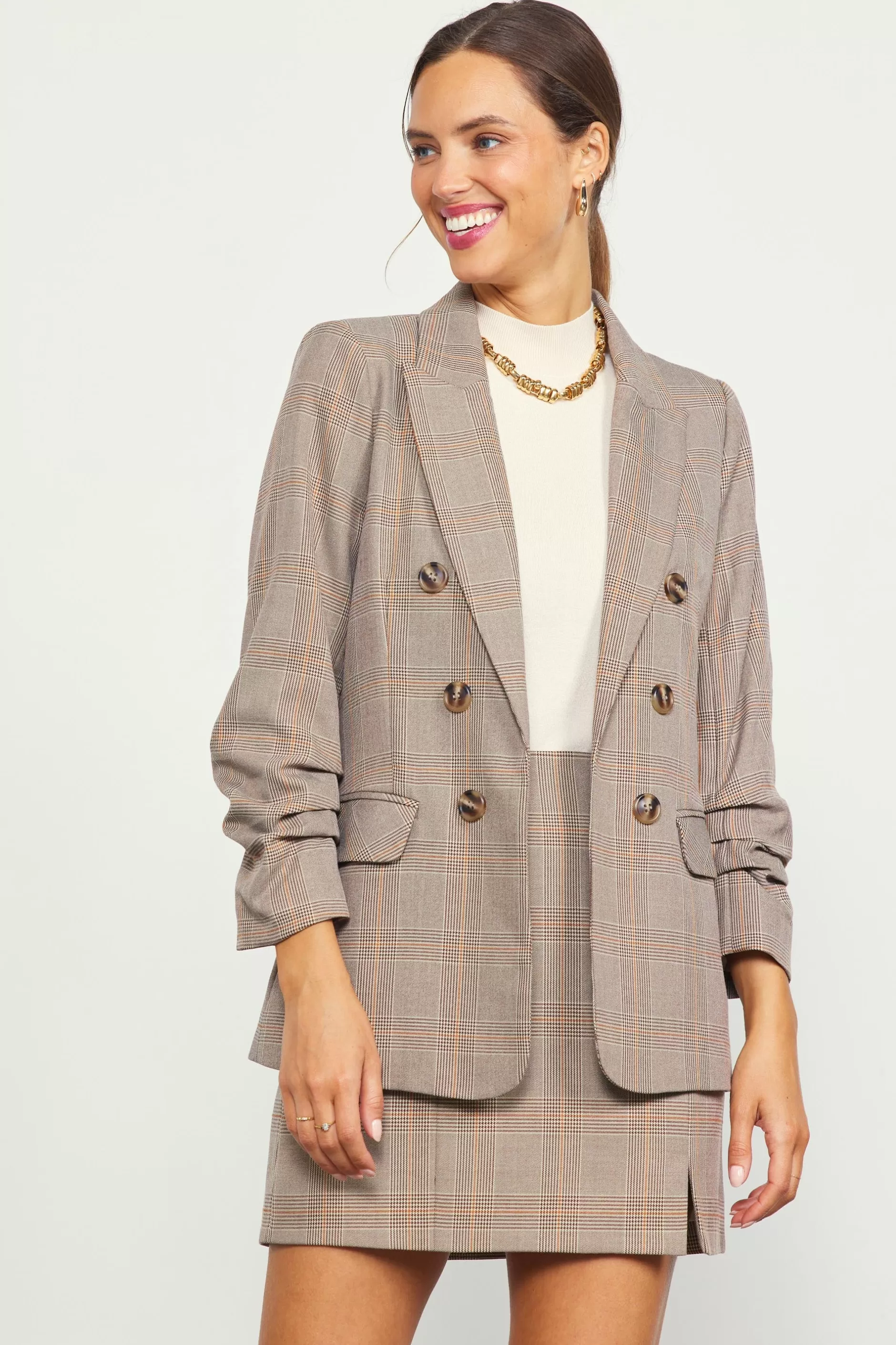 SKIES ARE BLUE Plaid Ruched Sleeve Tailored Blazer