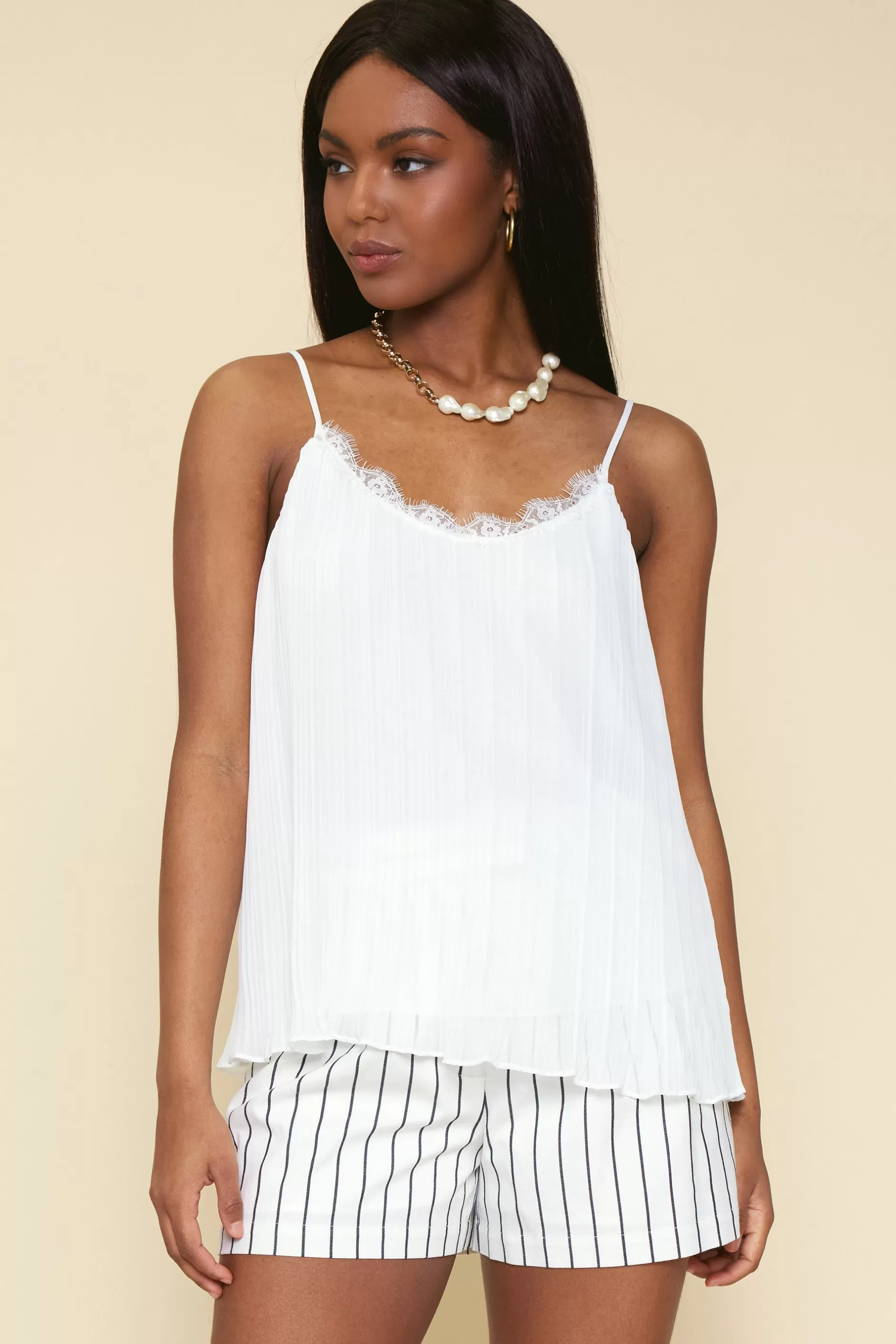 SKIES ARE BLUE Pleated Lace Detail Cami Top