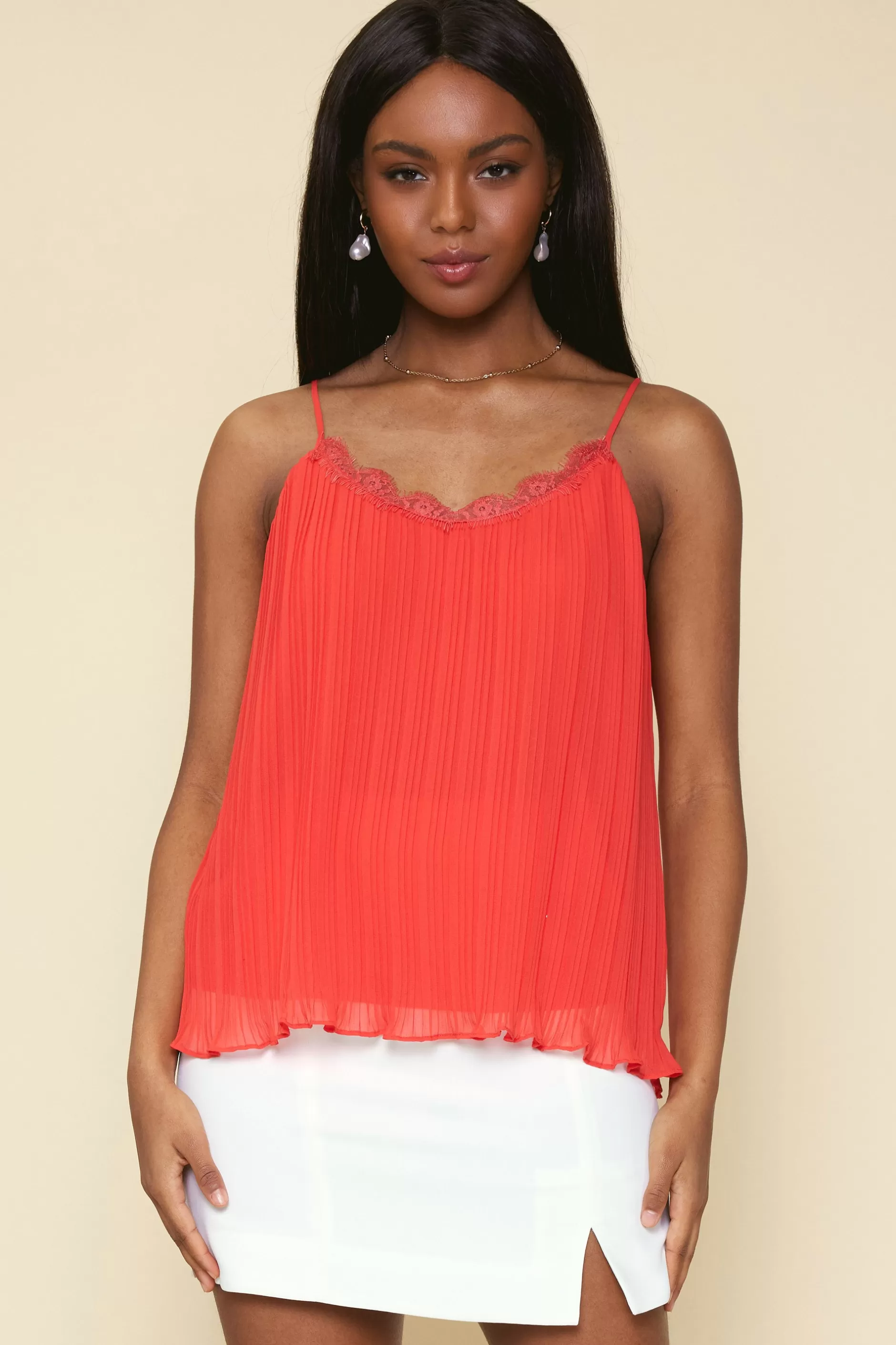 SKIES ARE BLUE Pleated Lace Detail Cami Top