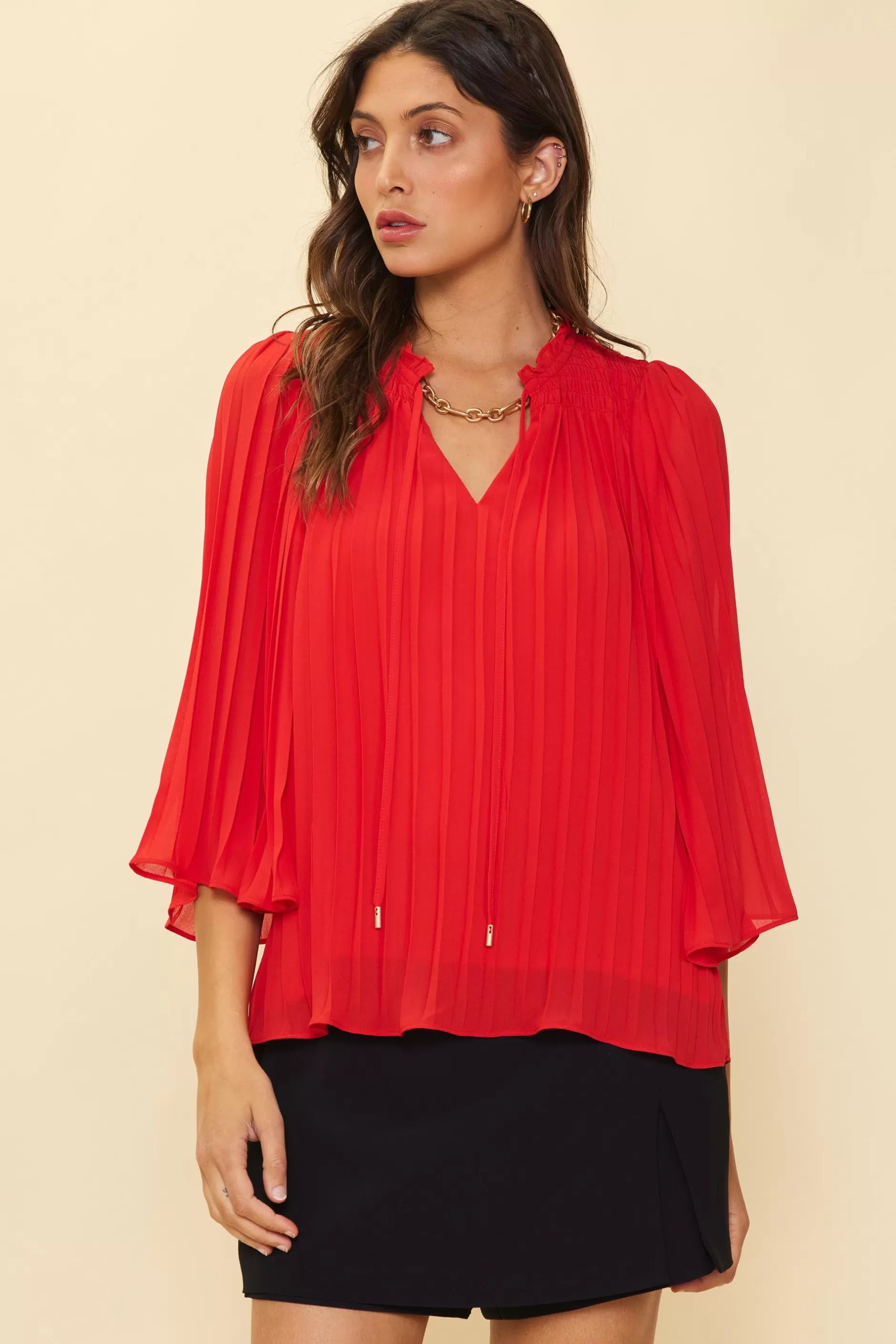 SKIES ARE BLUE Pleated Ruffled Trim Top