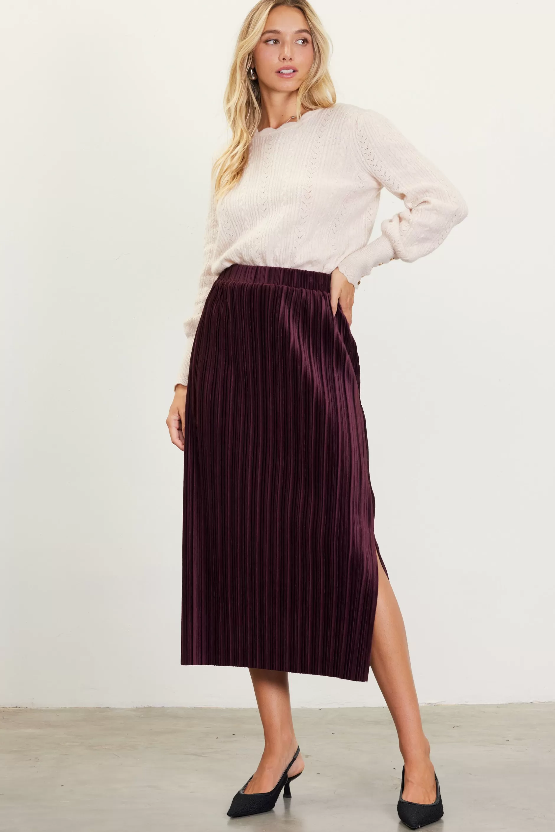 SKIES ARE BLUE Pleated Velvet Midi Skirt