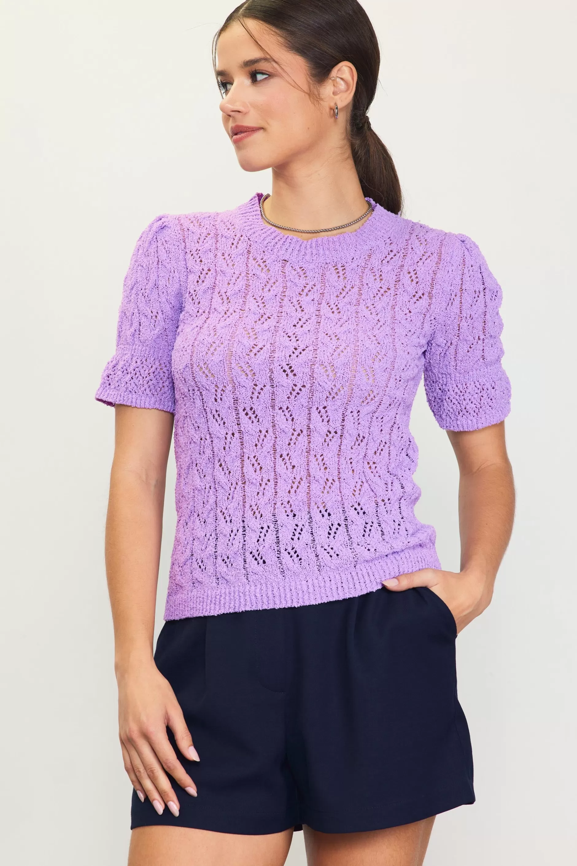 SKIES ARE BLUE Pointelle Short Sleeve Sweater