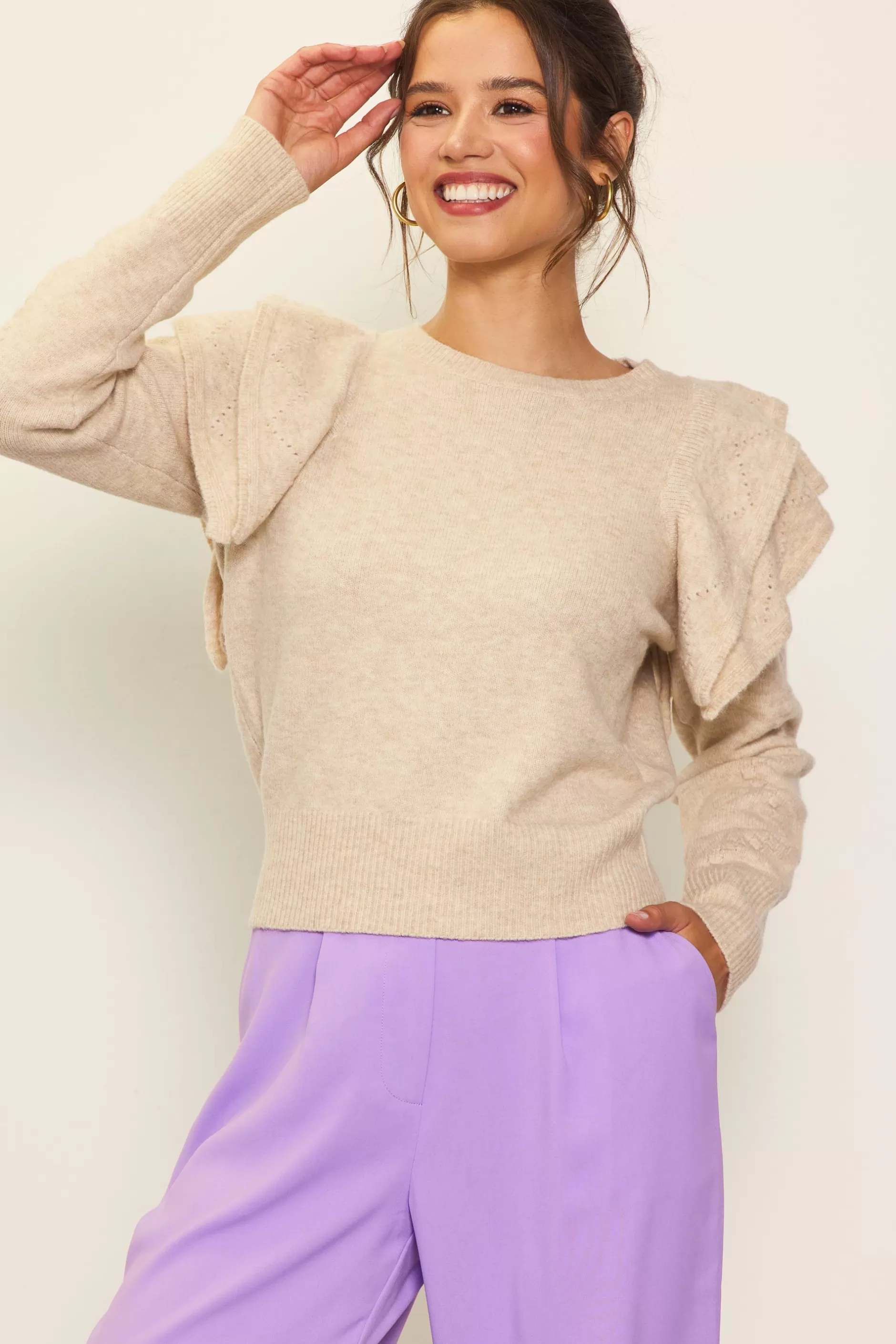 SKIES ARE BLUE Pointelle-Knit Ruffle Sleeve Sweater