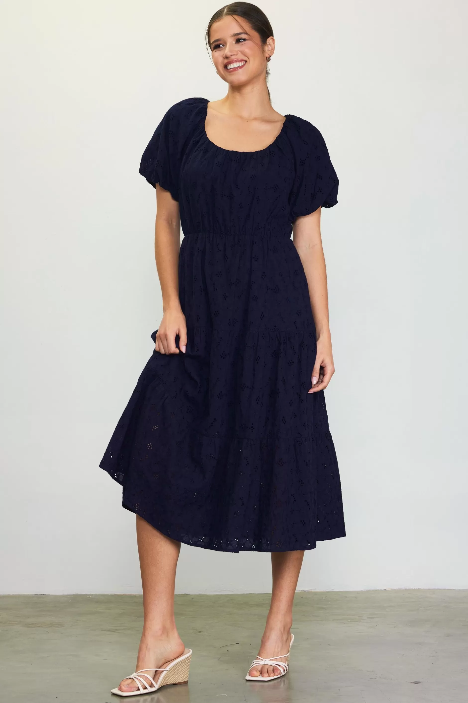 SKIES ARE BLUE Puffed Sleeve Tiered Midi Dress