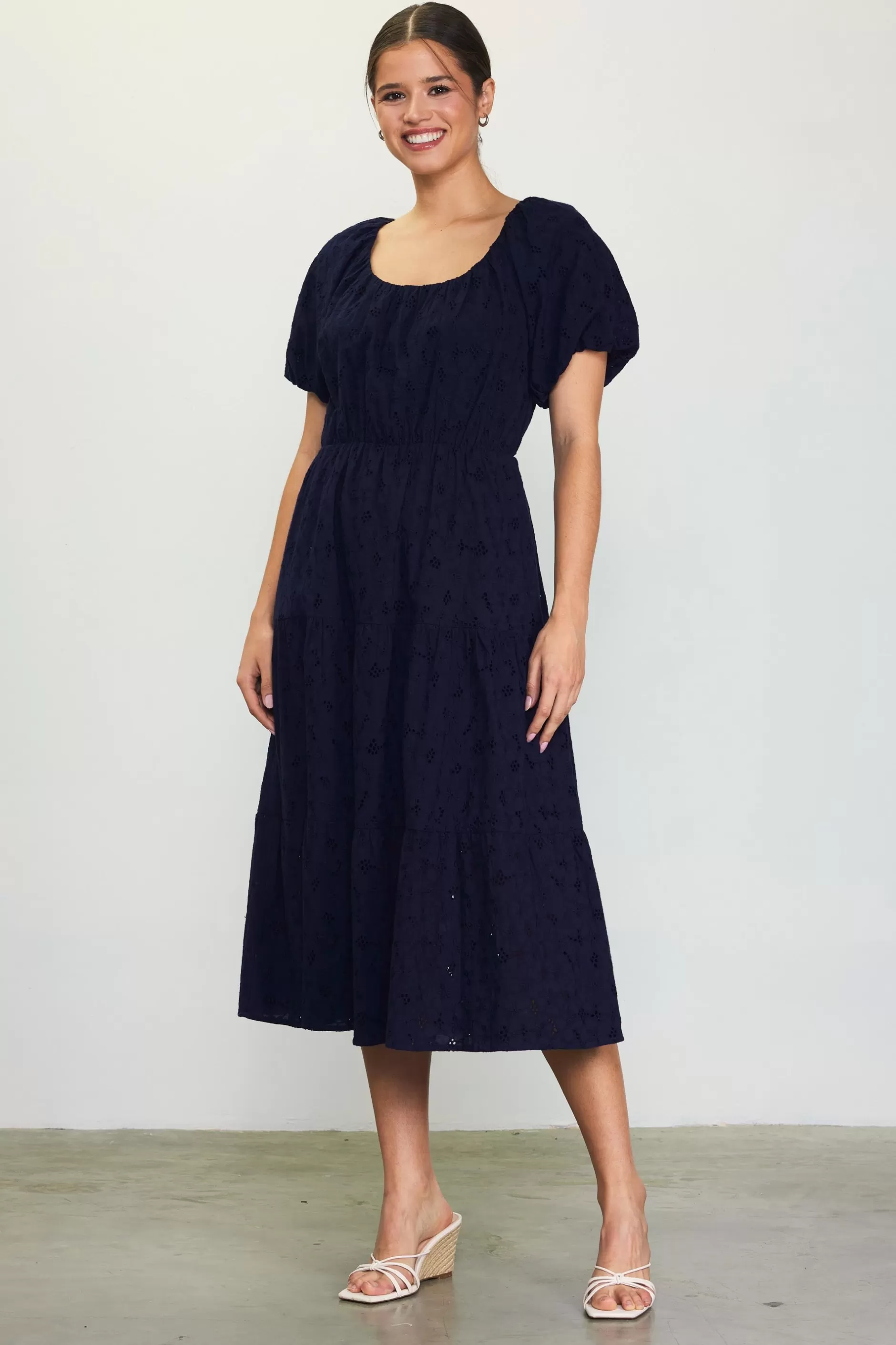 SKIES ARE BLUE Puffed Sleeve Tiered Midi Dress