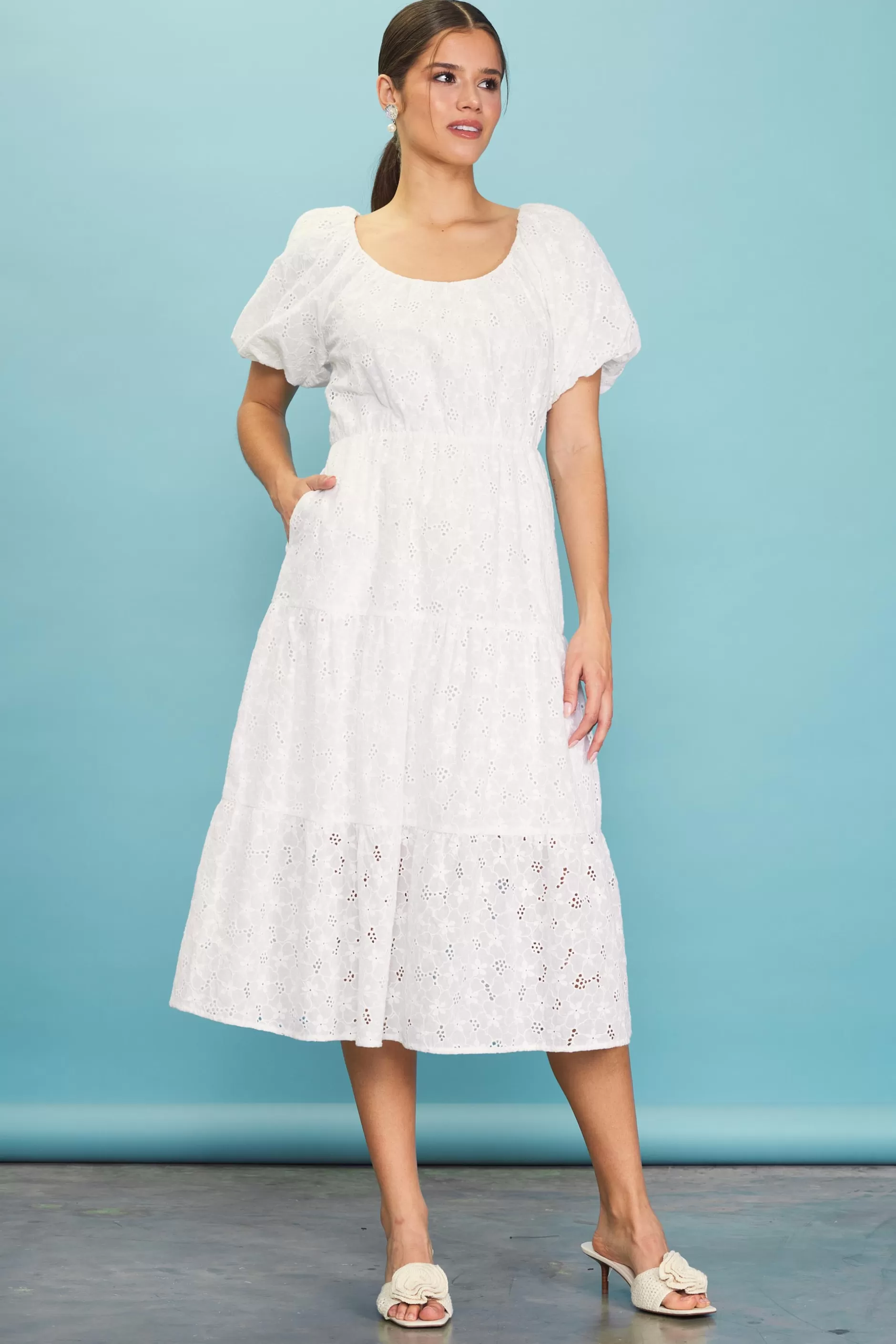 SKIES ARE BLUE Puffed Sleeve Tiered Midi Dress