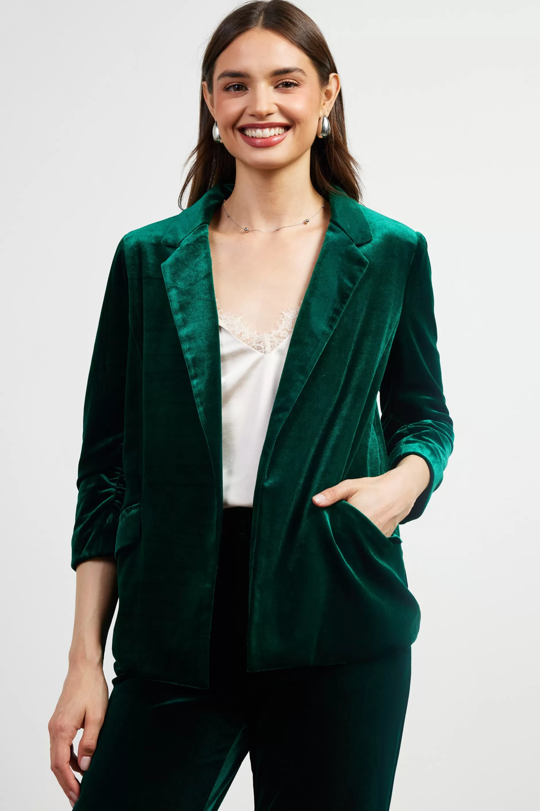 SKIES ARE BLUE Ruched Velvet Blazer