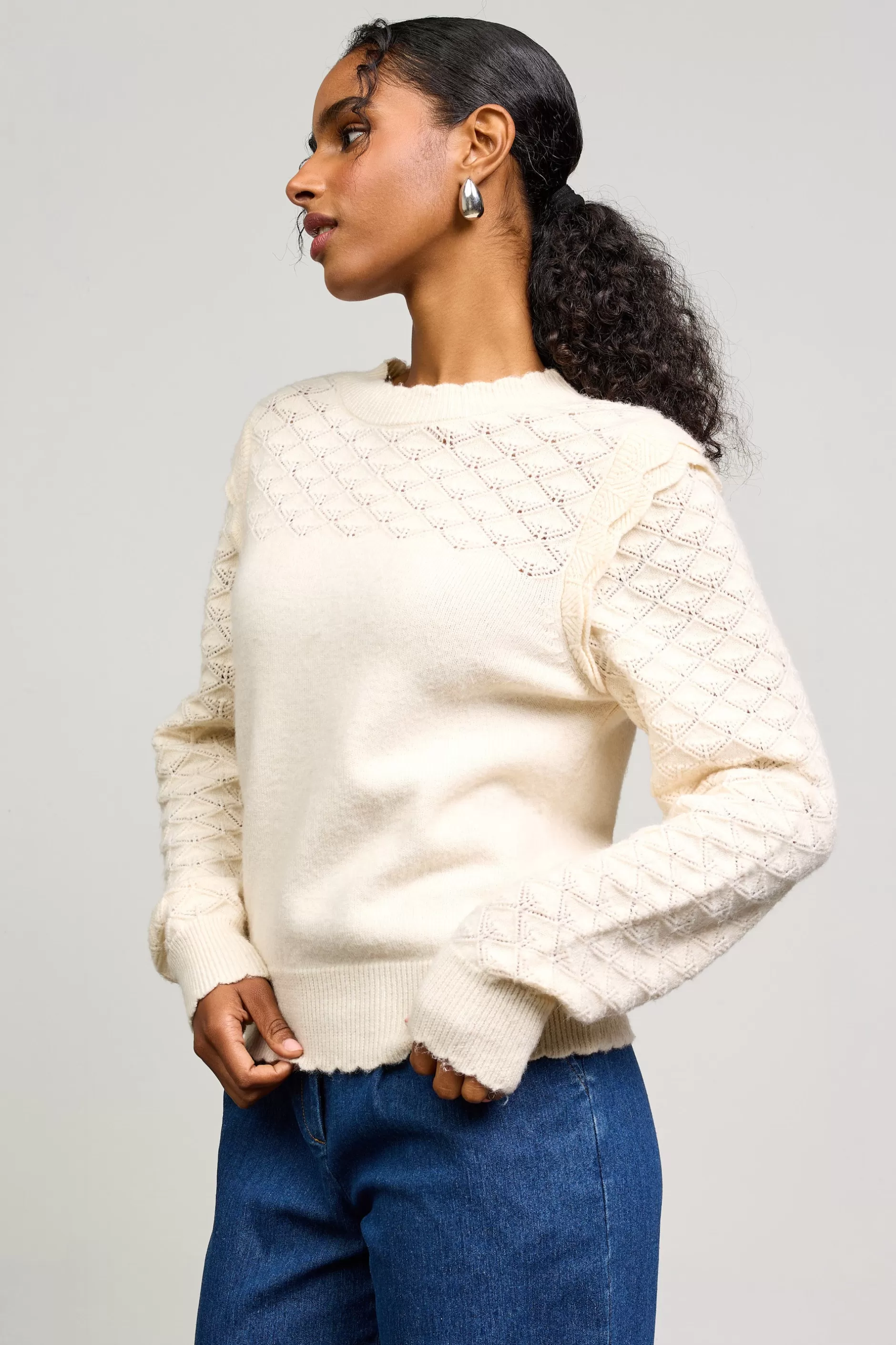 SKIES ARE BLUE Ruffled Sleeve Pointelle Sweater