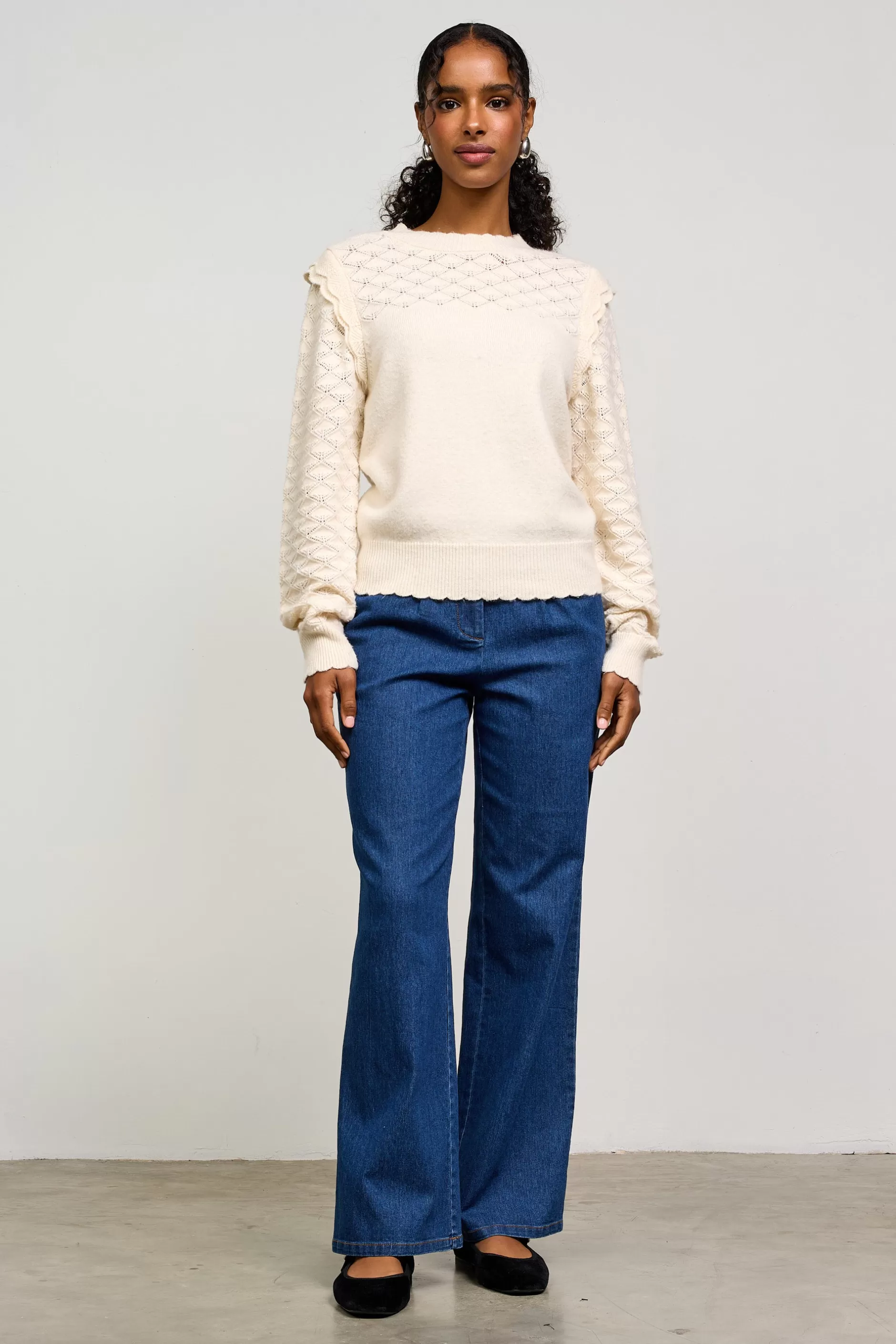 SKIES ARE BLUE Ruffled Sleeve Pointelle Sweater