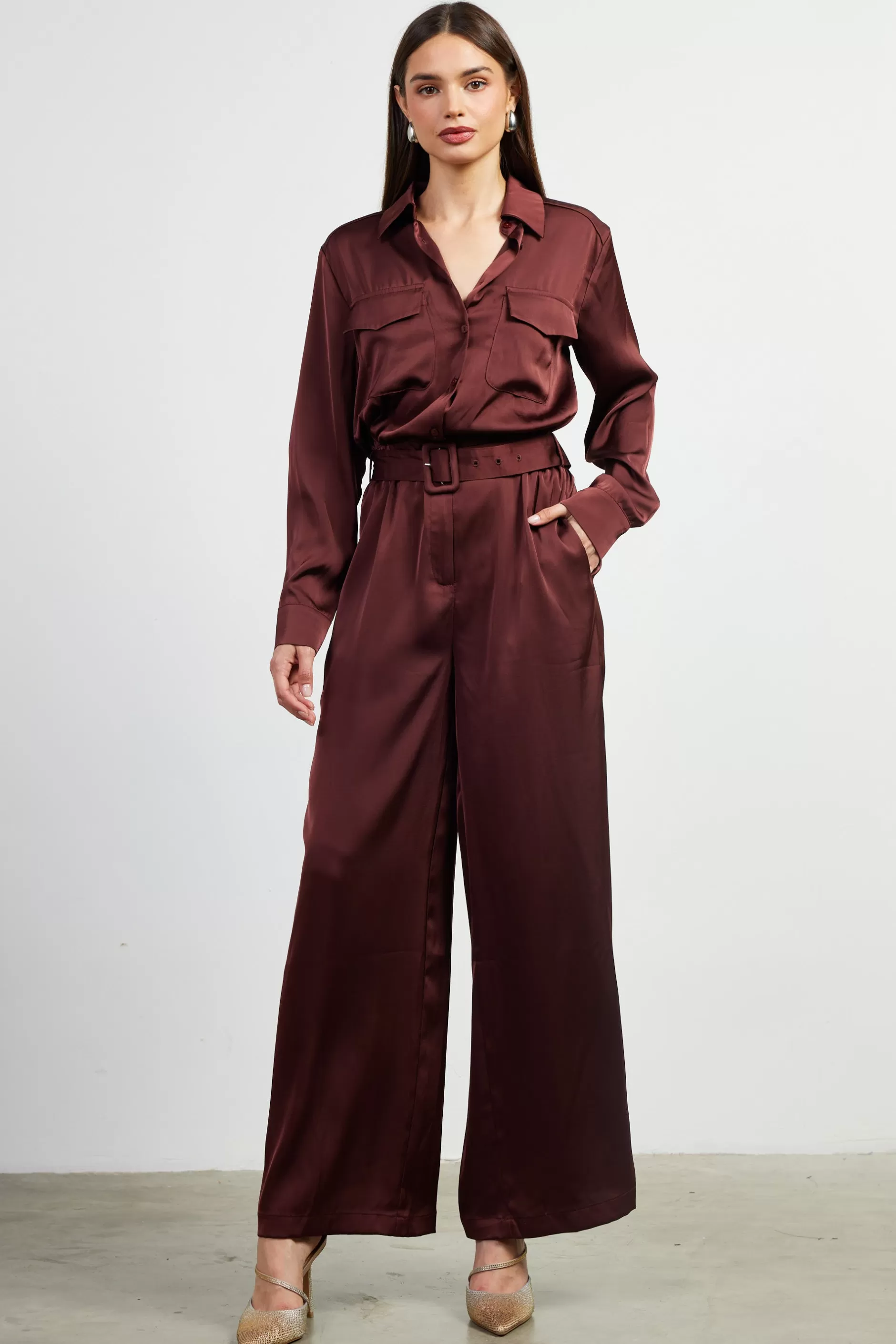 SKIES ARE BLUE Satin Button Down Belted Jumpsuit