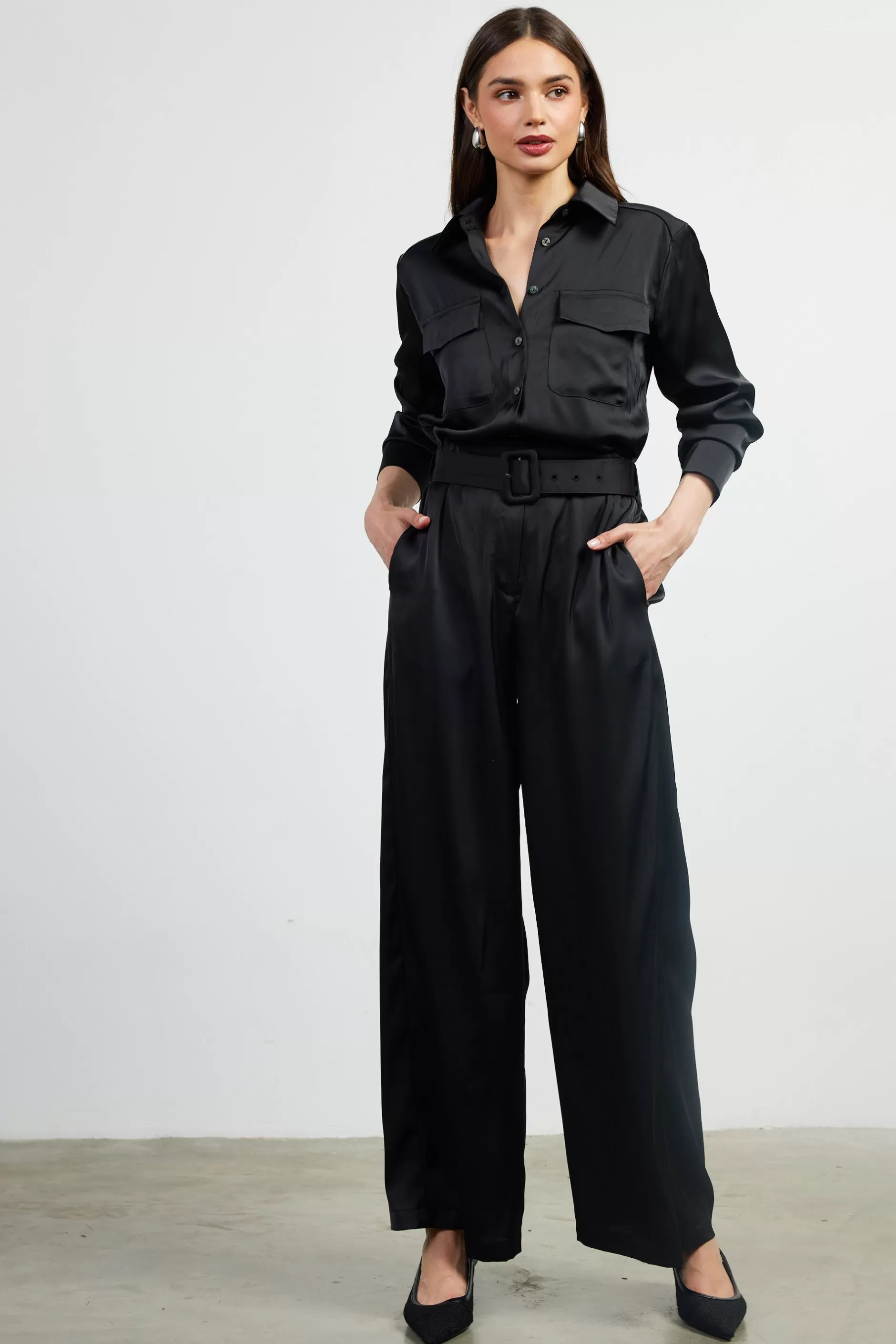 SKIES ARE BLUE Satin Button Down Belted Jumpsuit