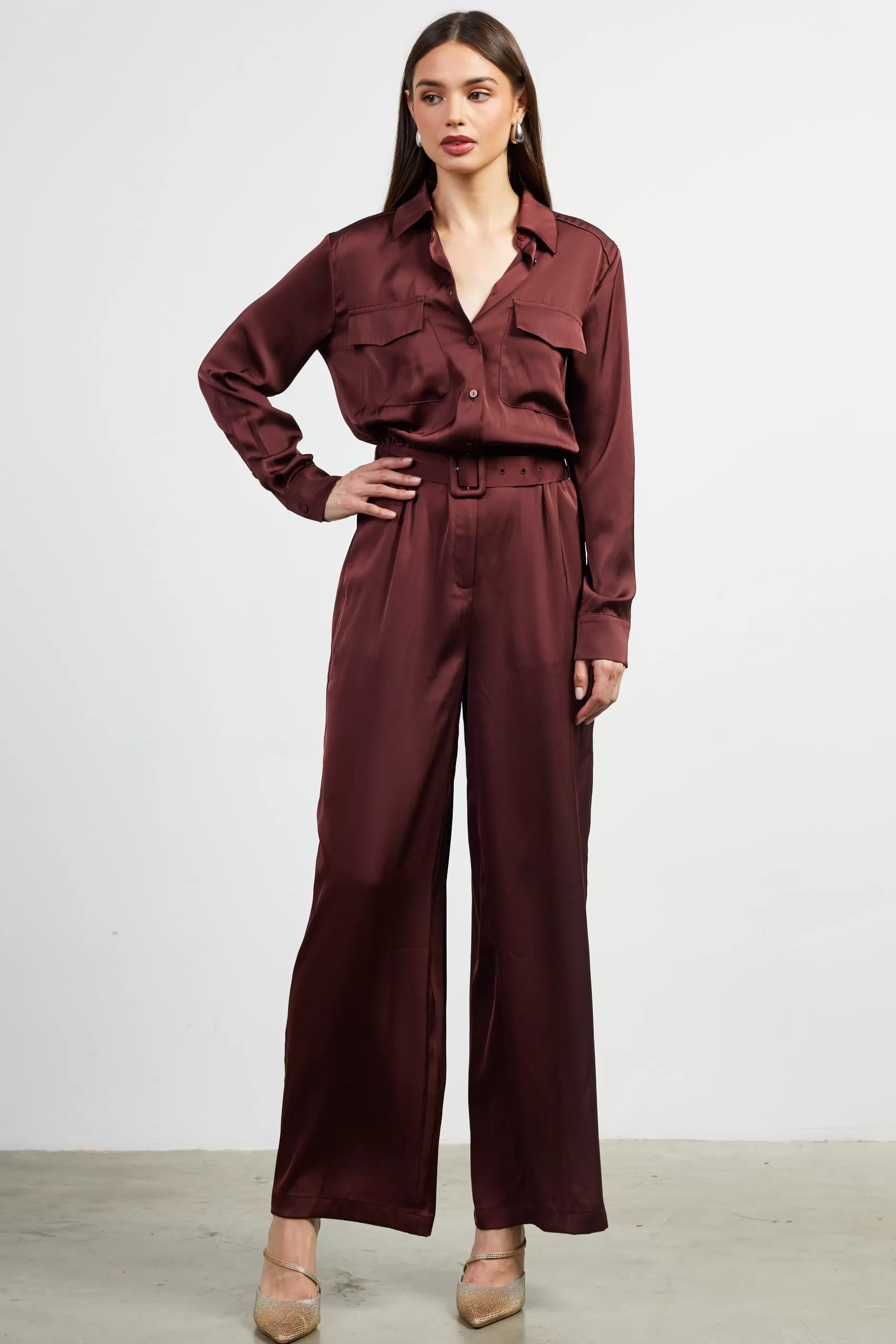 SKIES ARE BLUE Satin Button Down Belted Jumpsuit