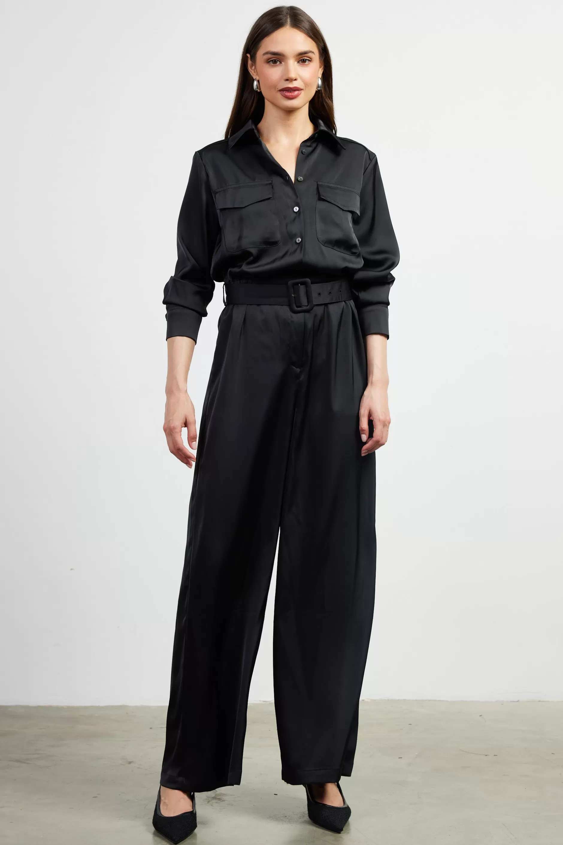 SKIES ARE BLUE Satin Button Down Belted Jumpsuit