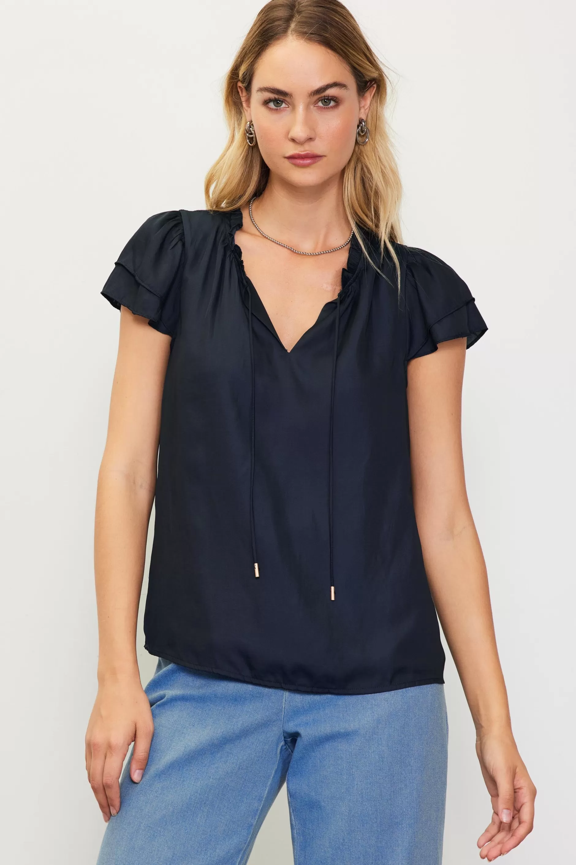 SKIES ARE BLUE Satin Ruffled Detail Top