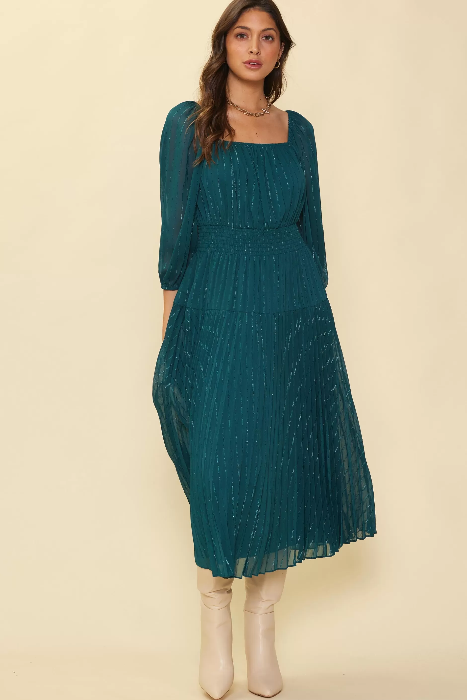 SKIES ARE BLUE Shimmery Pleated Midi Dress