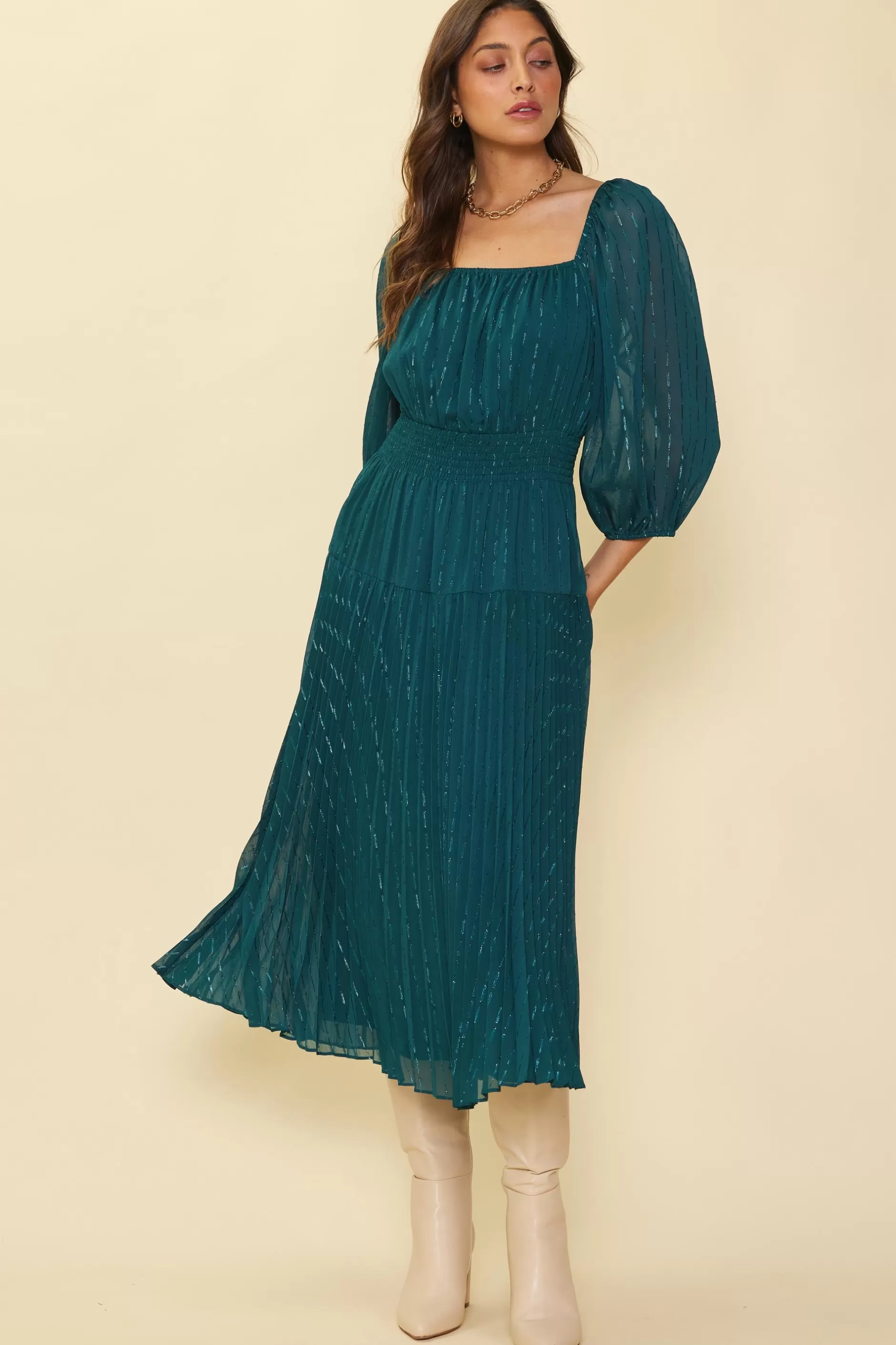 SKIES ARE BLUE Shimmery Pleated Midi Dress