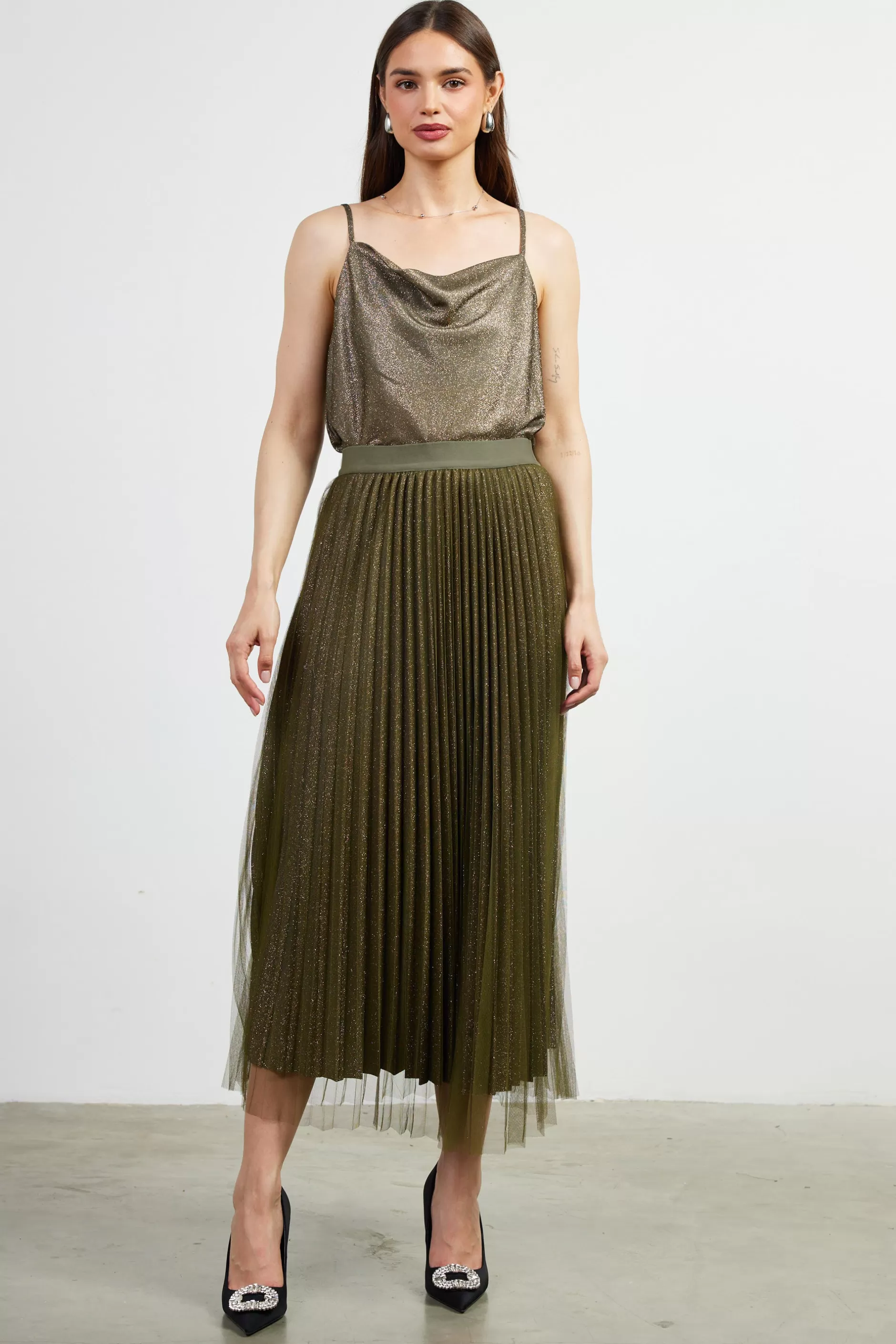 SKIES ARE BLUE Shimmery Pleated Midi Skirt