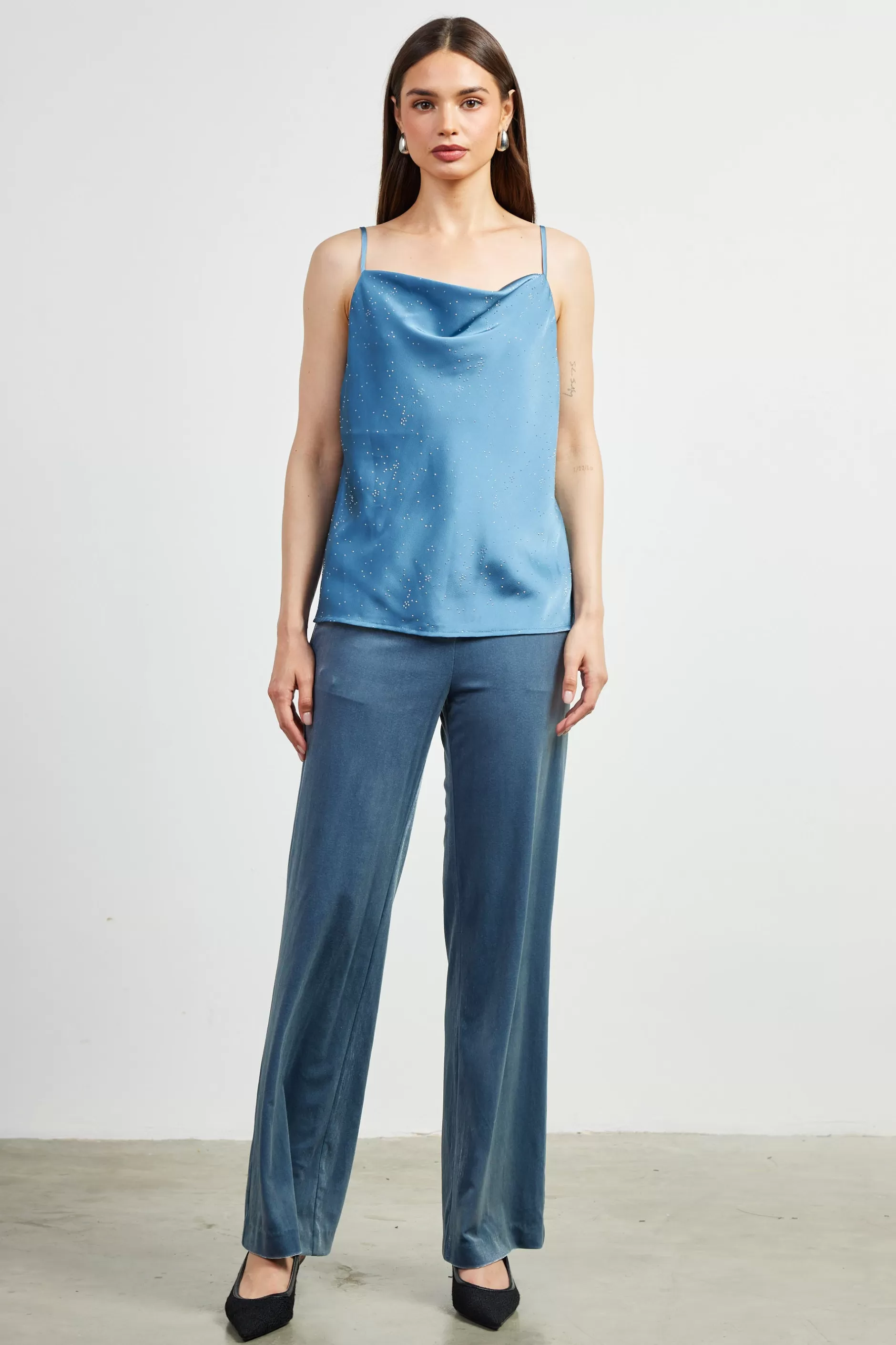 SKIES ARE BLUE Shimmery Satin Cowl Neck Cami