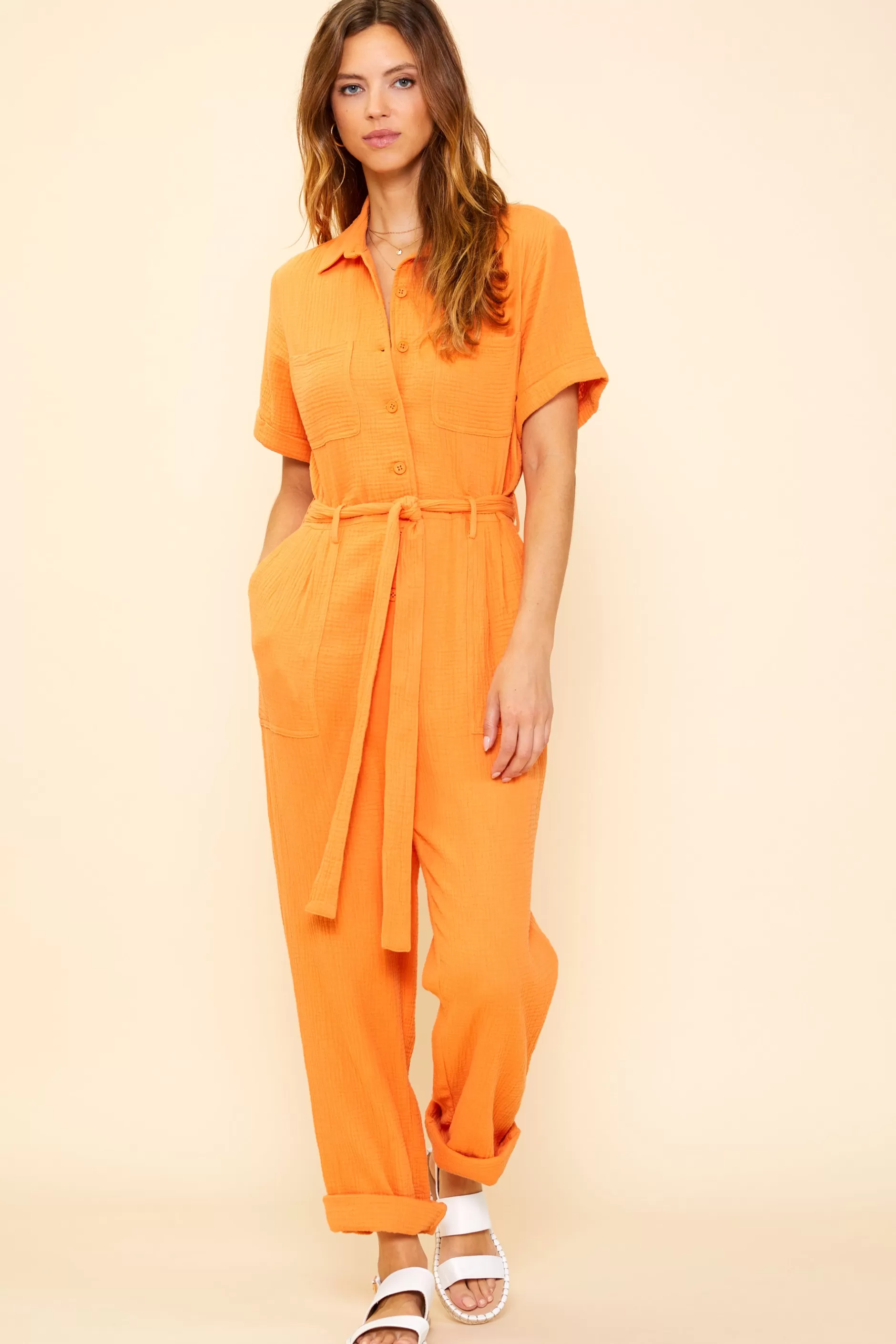 SKIES ARE BLUE Short Sleeve Gauze Jumpsuit