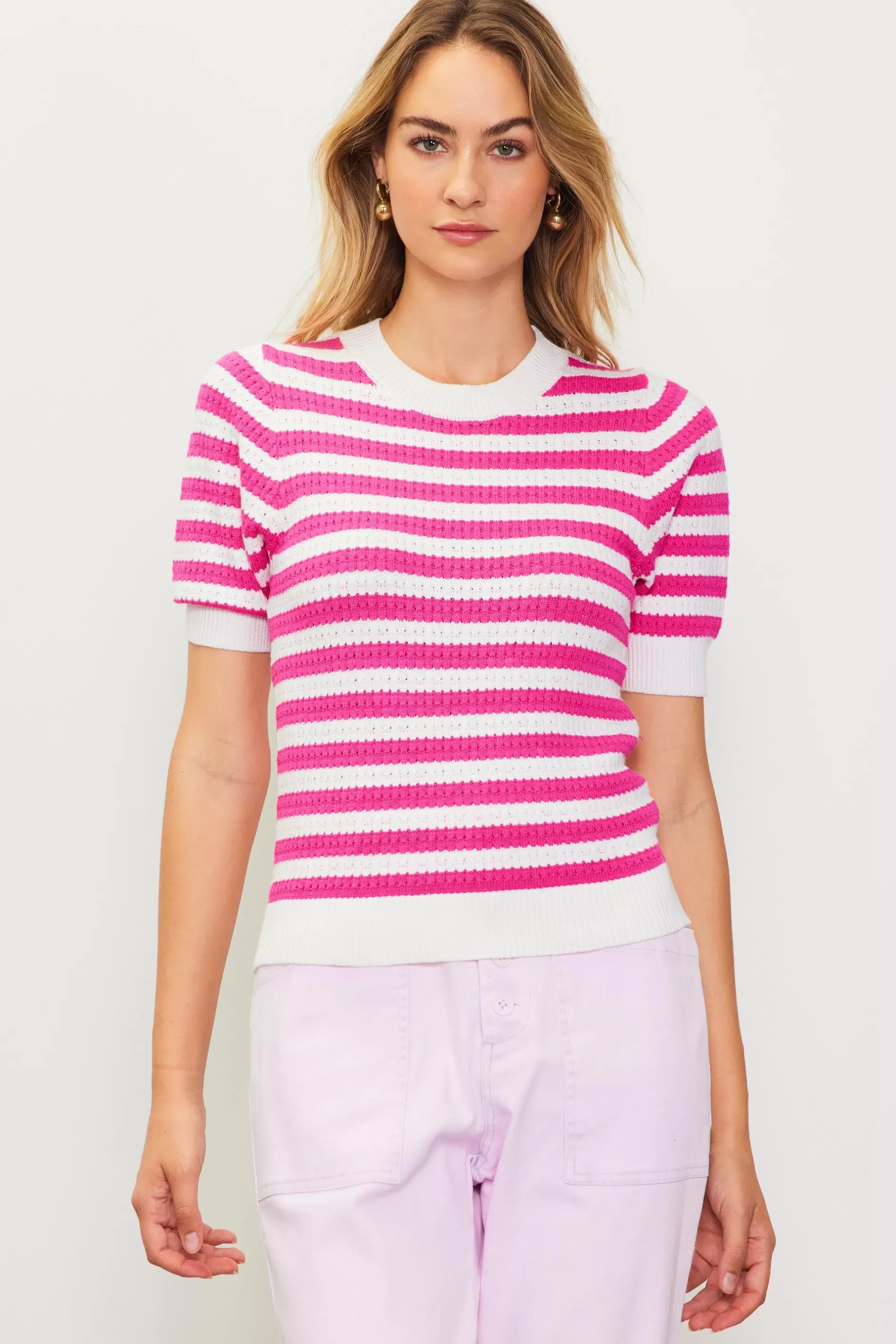 SKIES ARE BLUE Short Sleeve Knit Stripe Sweater