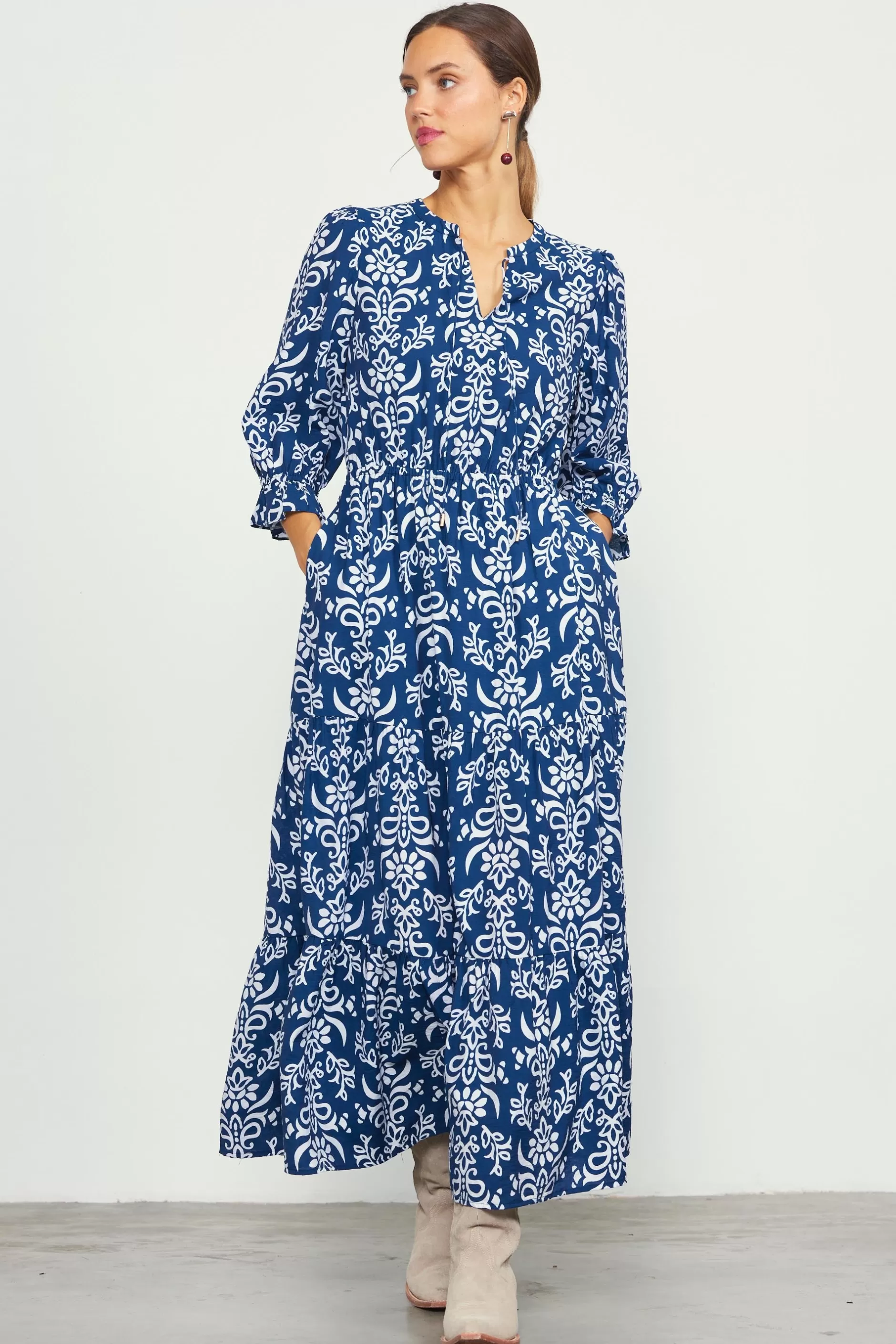 SKIES ARE BLUE Skye Split Neck Ruffle Maxi Dress