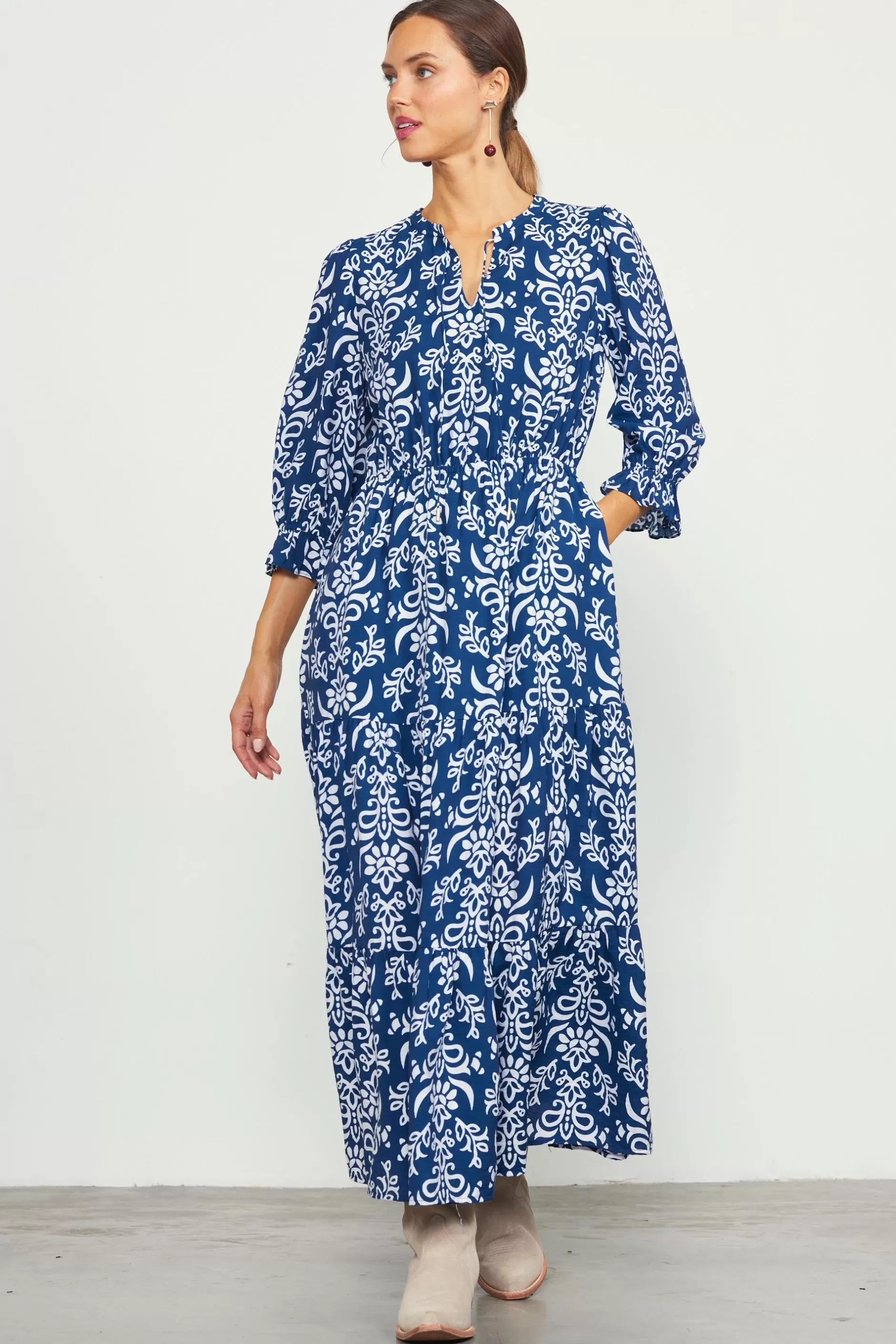 SKIES ARE BLUE Skye Split Neck Ruffle Maxi Dress