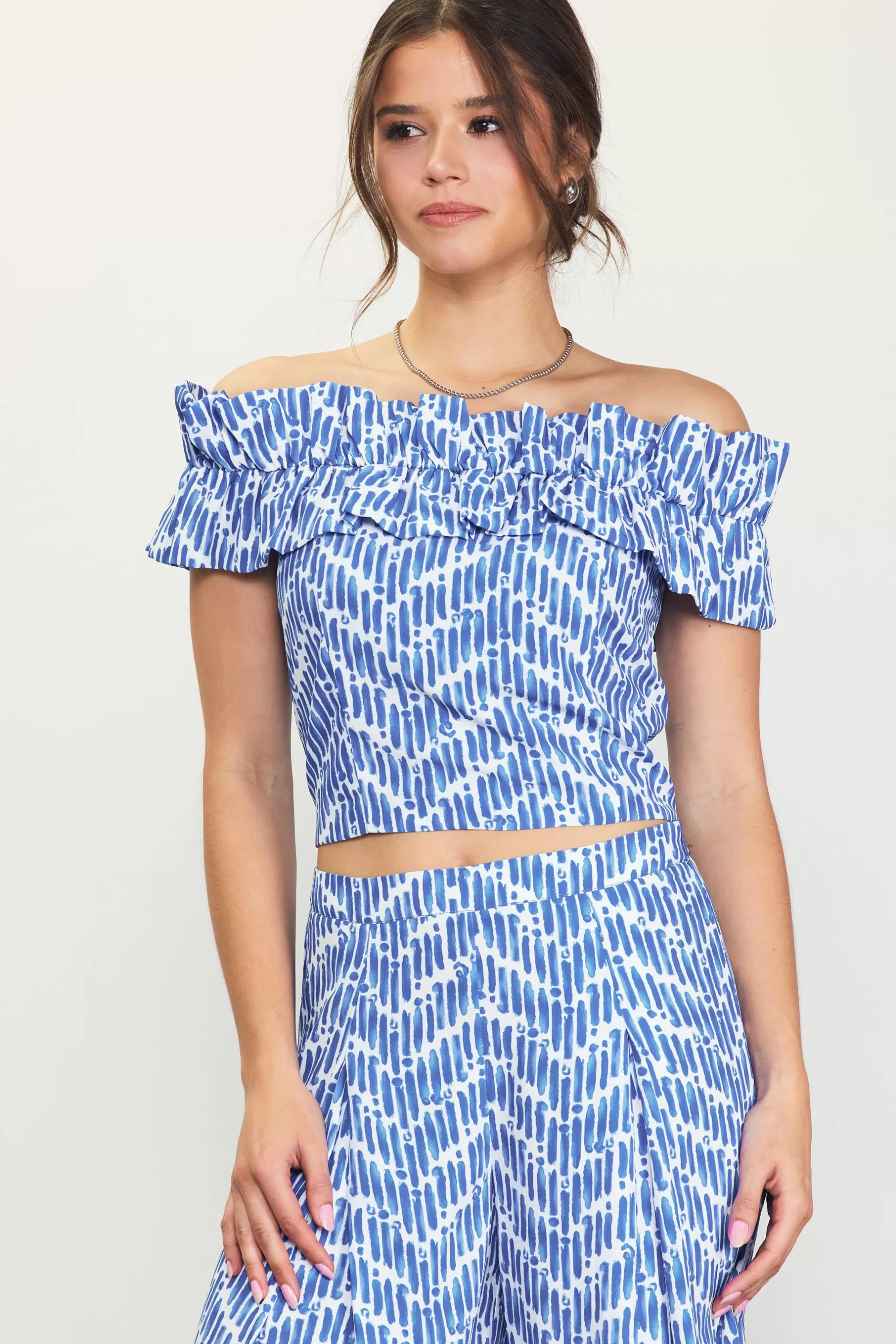 SKIES ARE BLUE Smocked Off Shoulder Ruffle Top