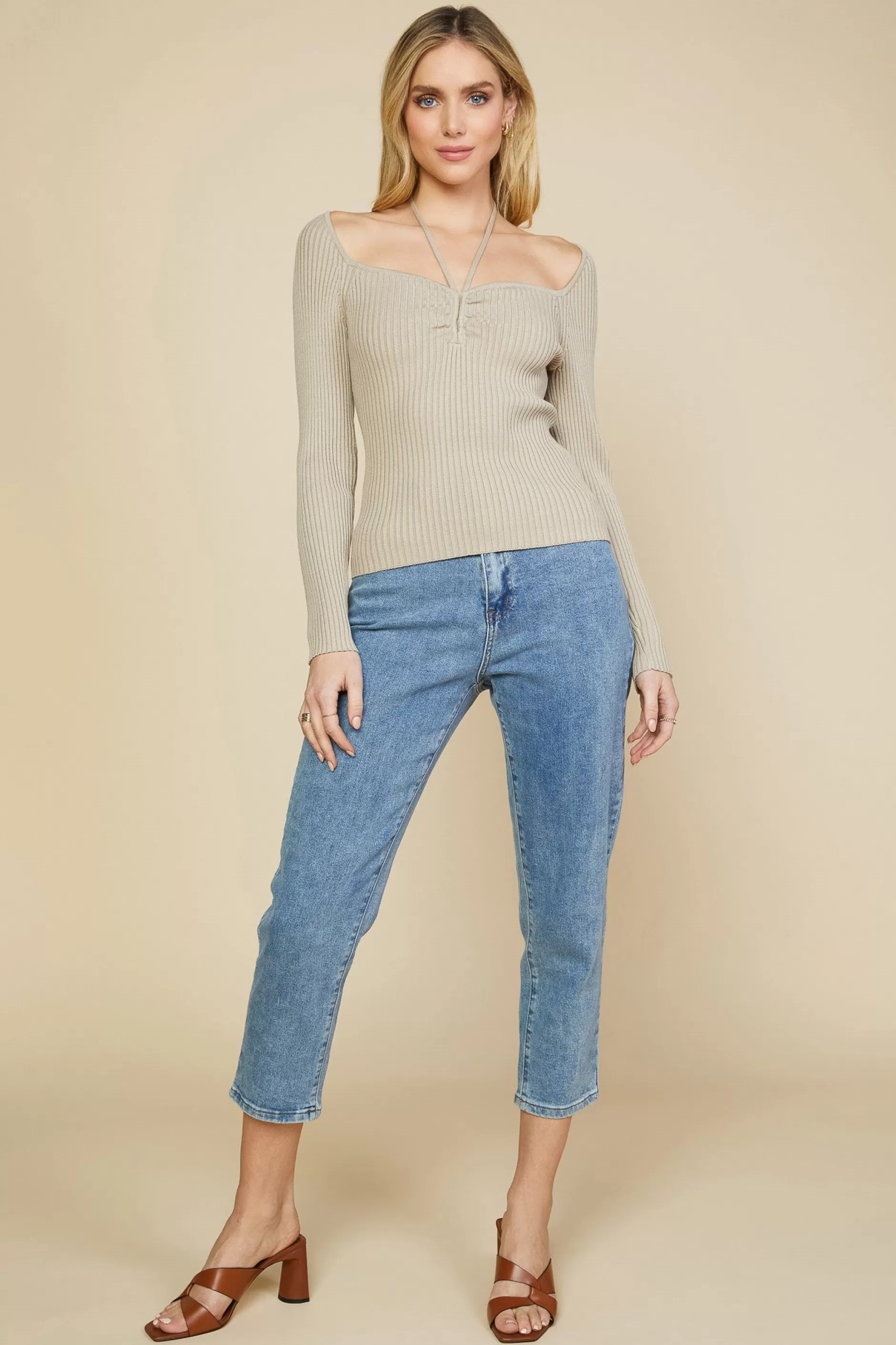 SKIES ARE BLUE Strappy Halter Ribbed Sweater