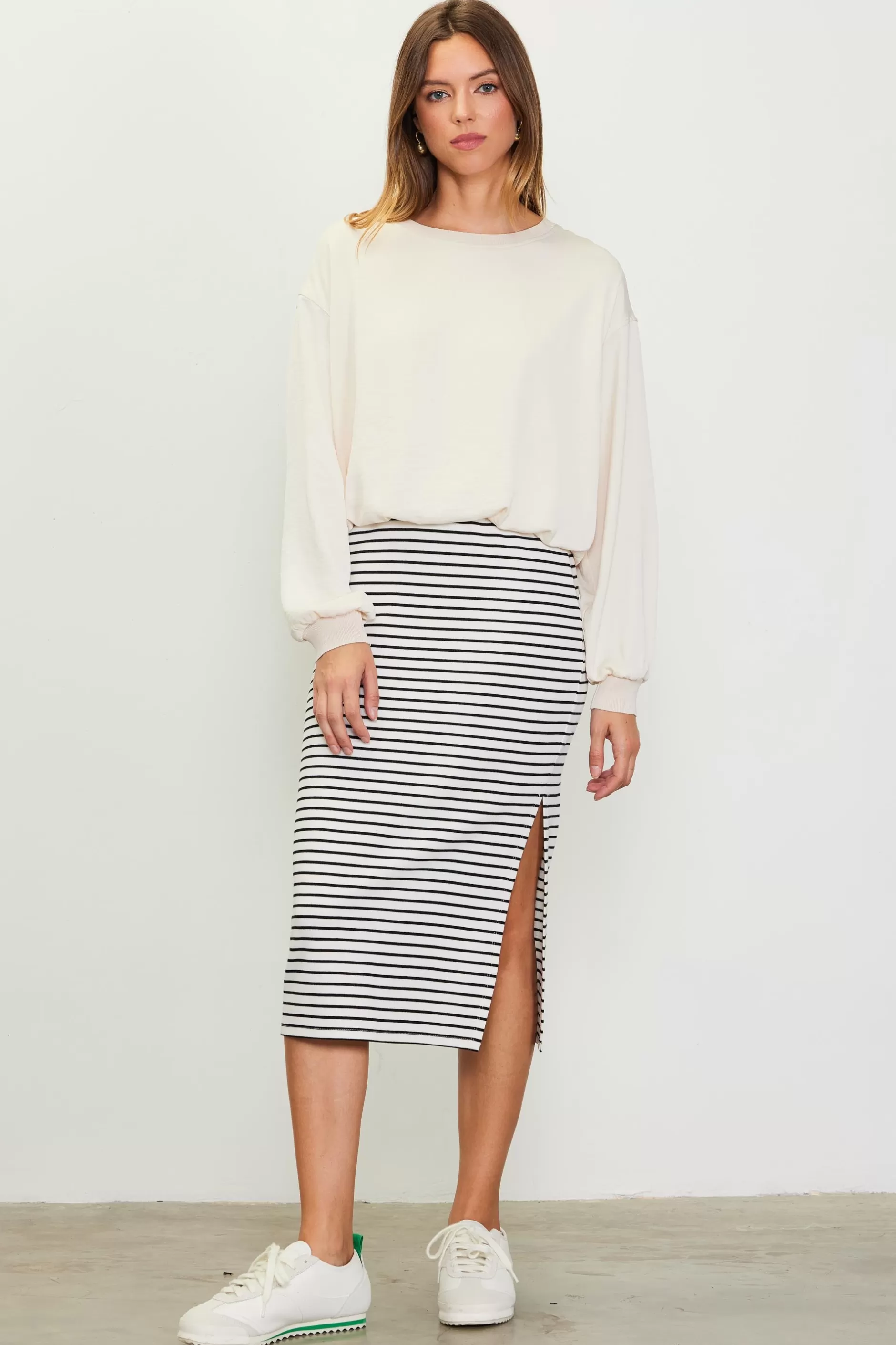 SKIES ARE BLUE Striped Midi Skirt