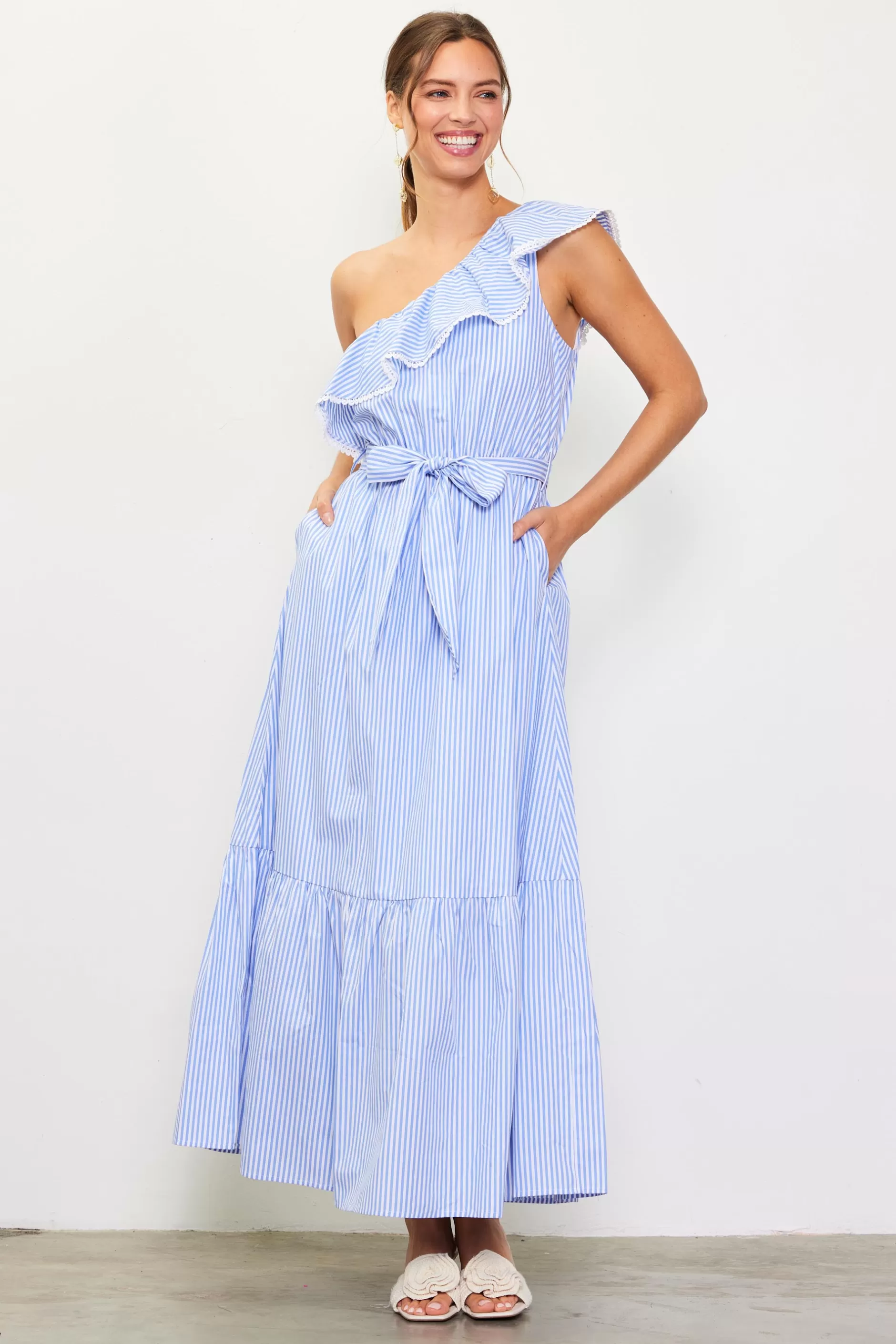 SKIES ARE BLUE Striped One Shoulder Ruffle Dress