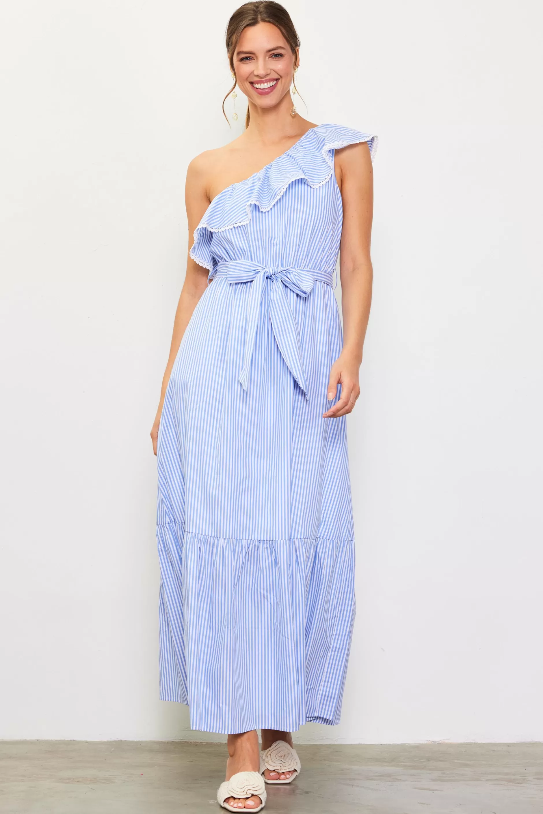 SKIES ARE BLUE Striped One Shoulder Ruffle Dress