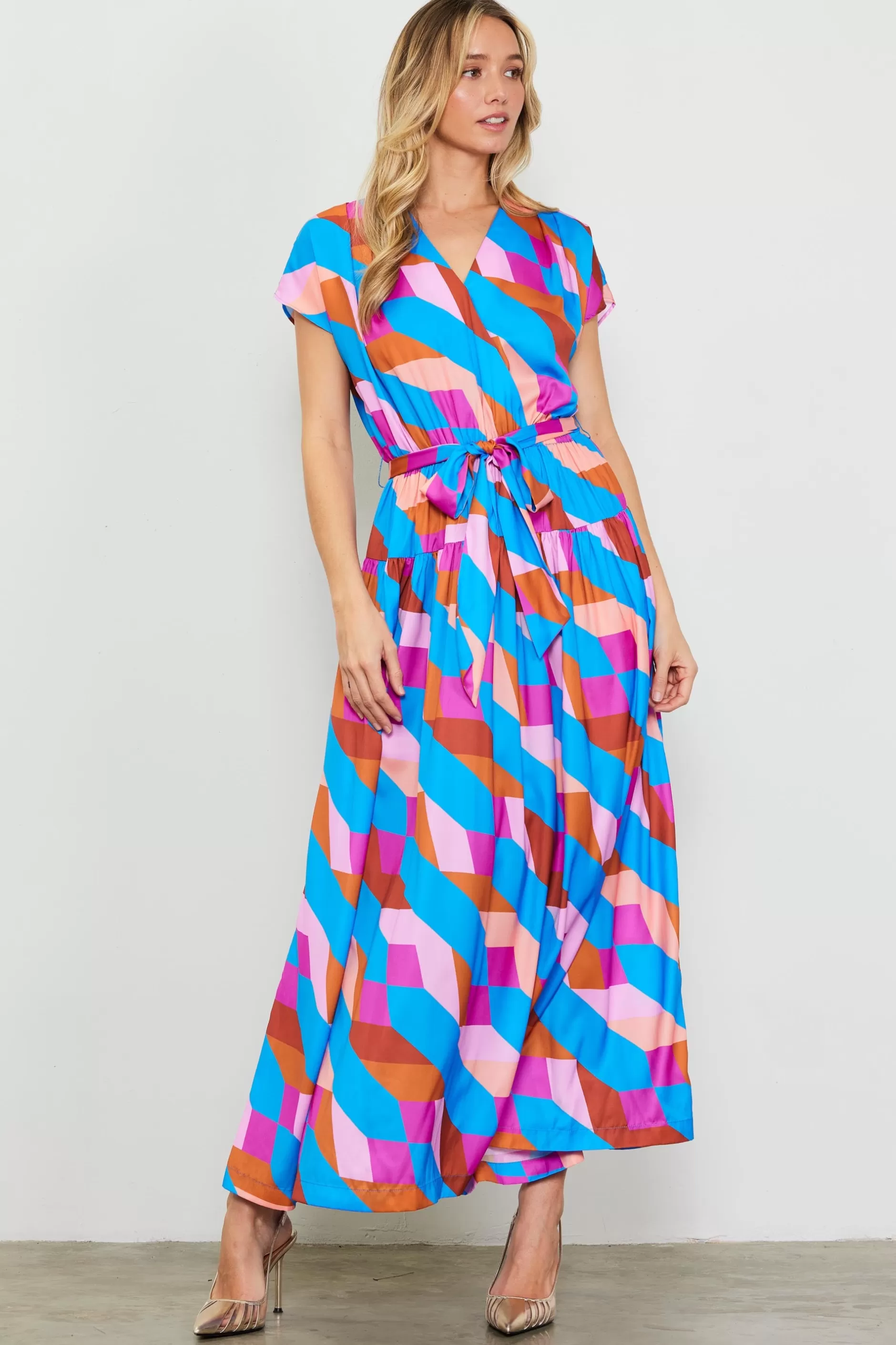 SKIES ARE BLUE Surplice Bodice Geometric Print Maxi Dress