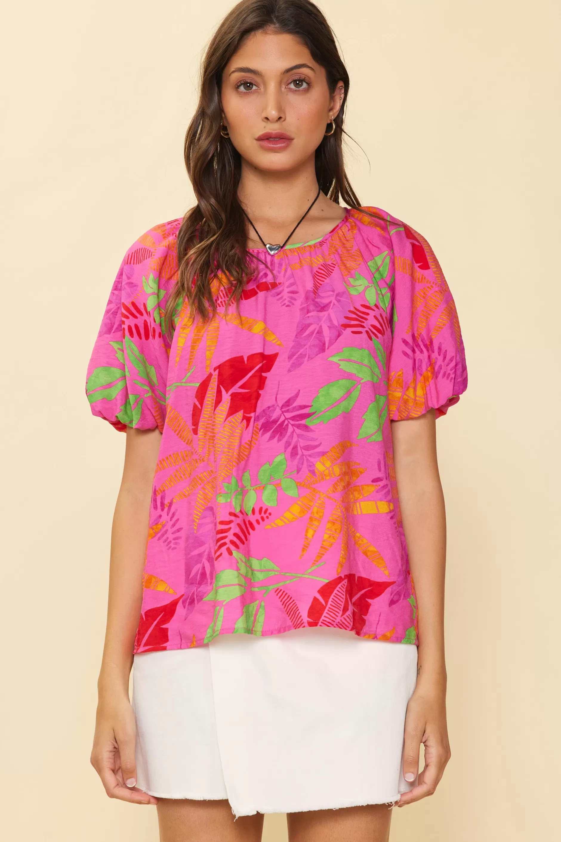 SKIES ARE BLUE Tropical Print Bubble Sleeve Top