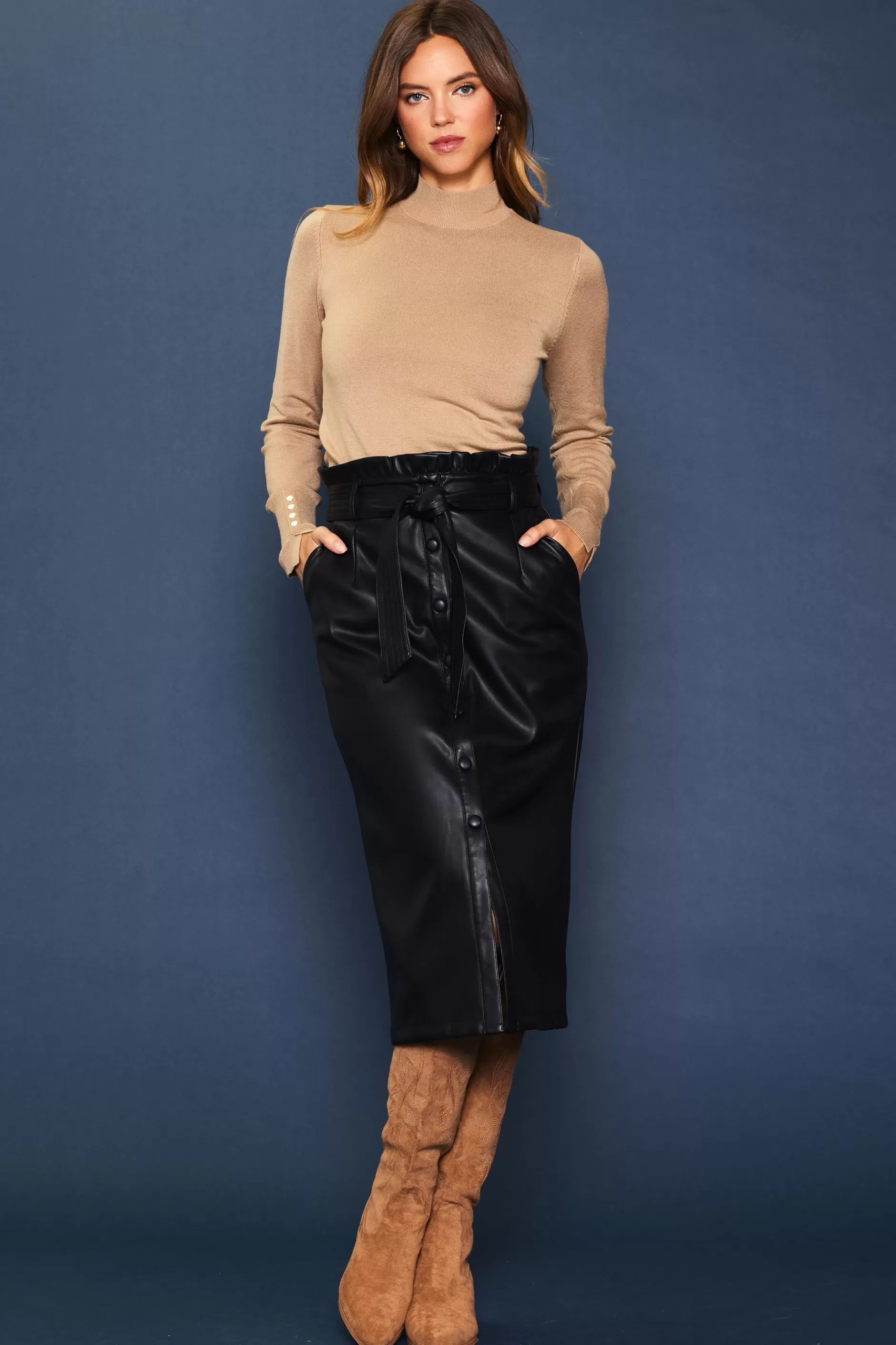 SKIES ARE BLUE Vegan Leather Front Tie Midi Skirt